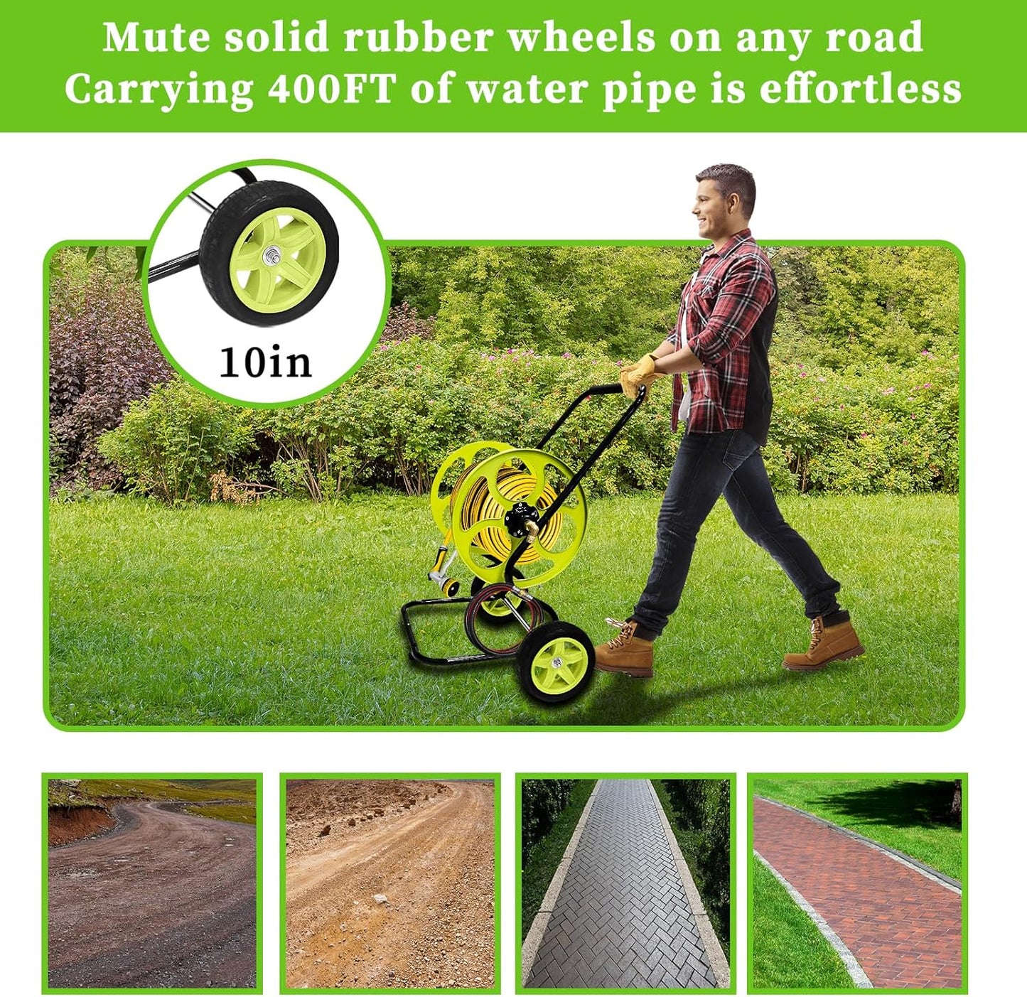 Stainless Steel Garden Hose Reel Cart - Heavy Duty, 10" Rubber Wheels, Holds 400 Feet of 5/8" Hose, For Yard/Lawn (With 5 FT Hose included)