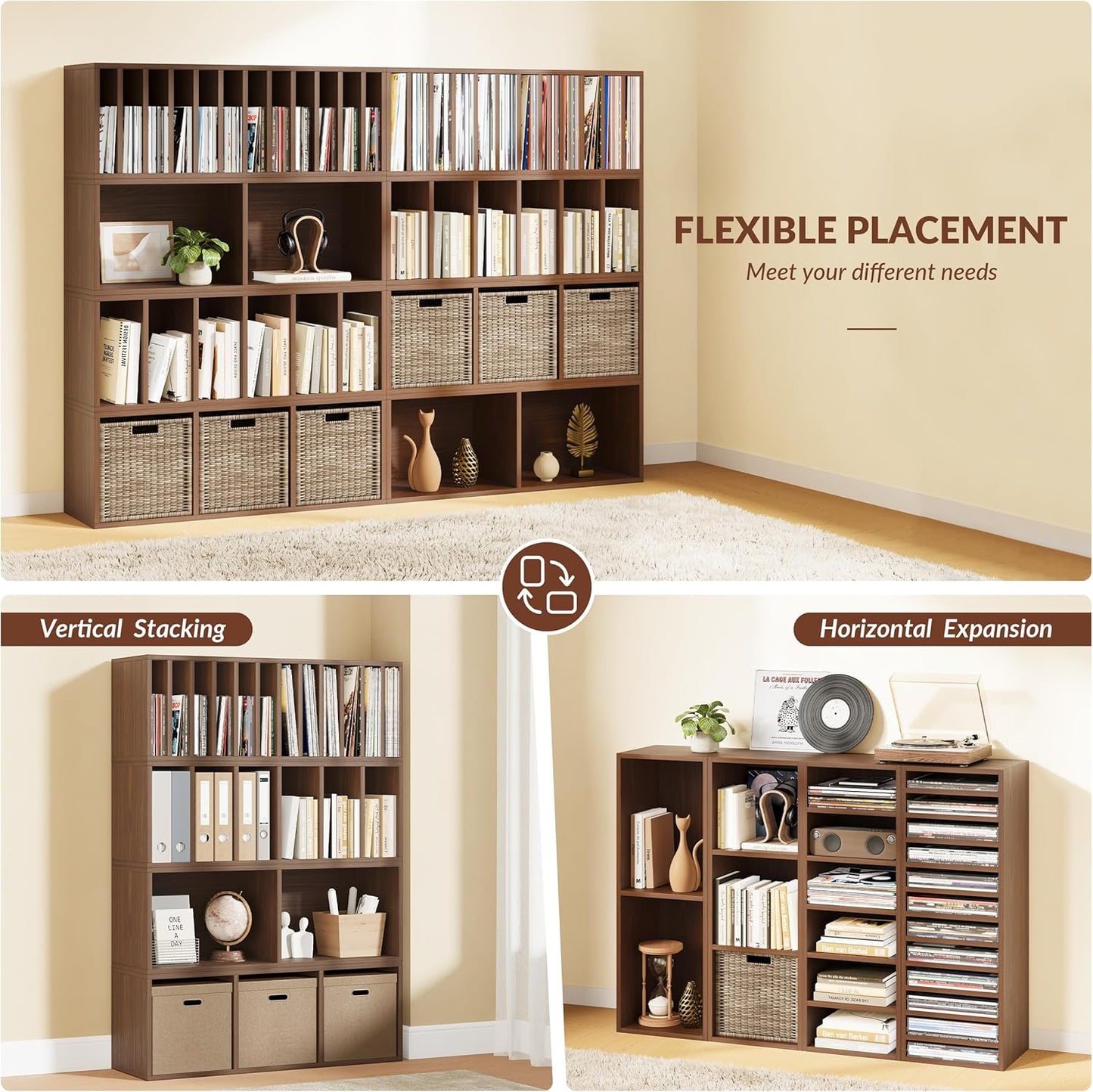IOTXY DIY Modular Cube Bookcase - CubeXY Customizable Stackable Expandable Combination Set, 23-Cube Open Bookshelf for Books, Fabric Storage Bin, and Vinyl Record Organizer, Walnut