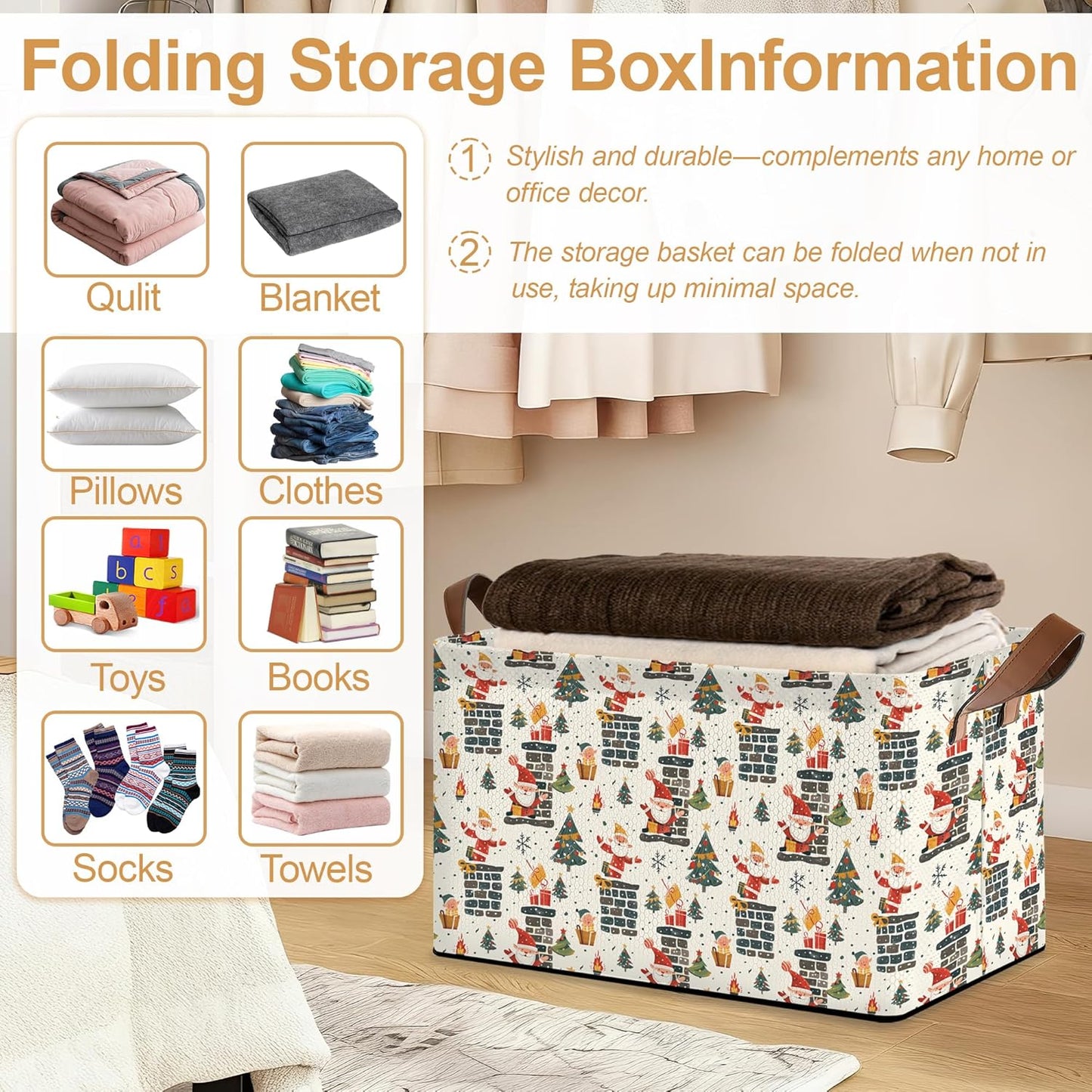 Christmas Tree Gift Storage Bin with Handles, Basket Storage Organizer for Shelves, Closet, Nursery, Book, Laundry Hamper & Home Decor