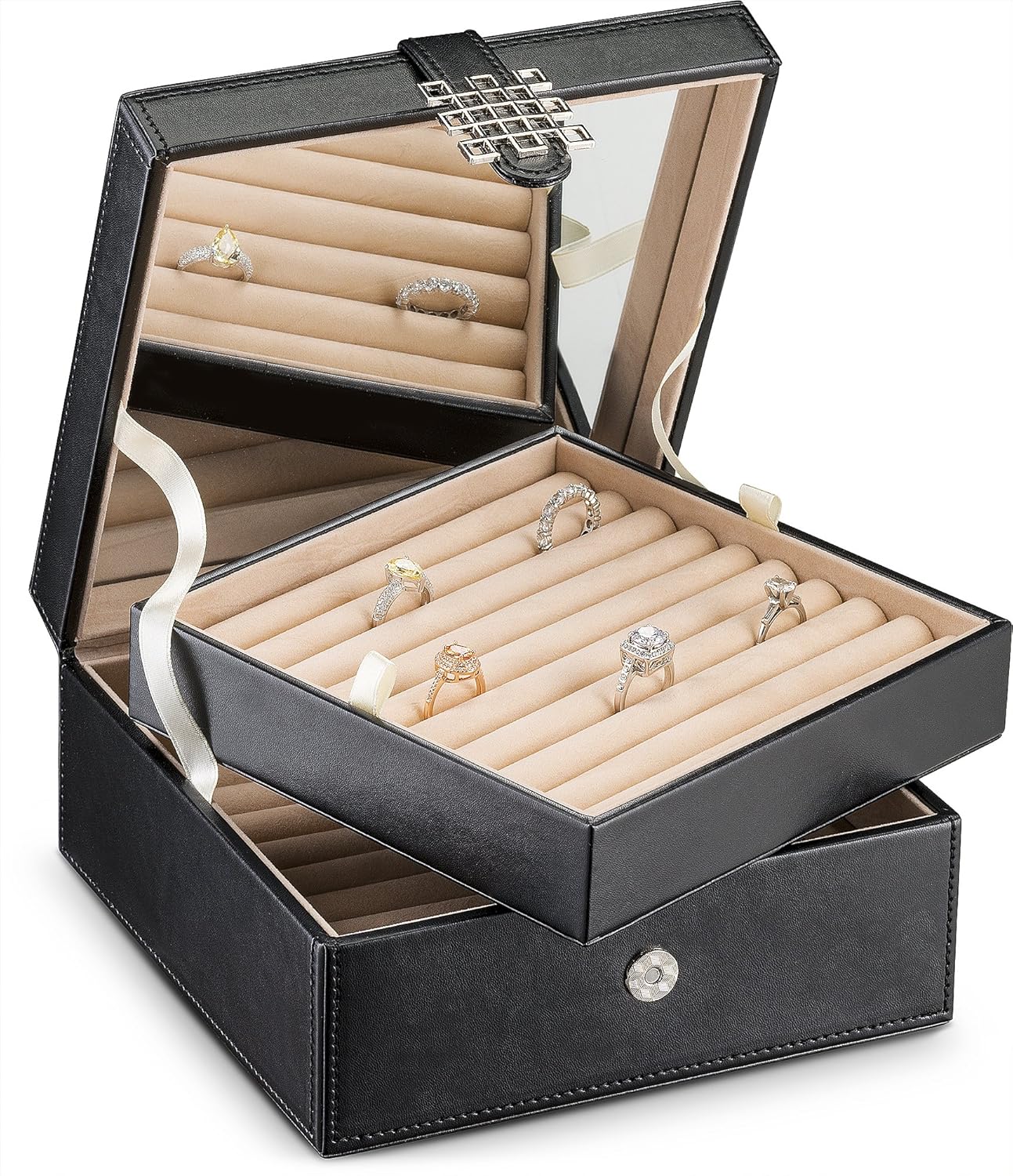 Glenor Co Ring Organizer Box - 108 Slot Classic Jewelry Display Holder - 2 Storage Trays with Modern Buckle Closure, Large Mirror - Holds Rings and Cufflinks - PU Leather Case - Black