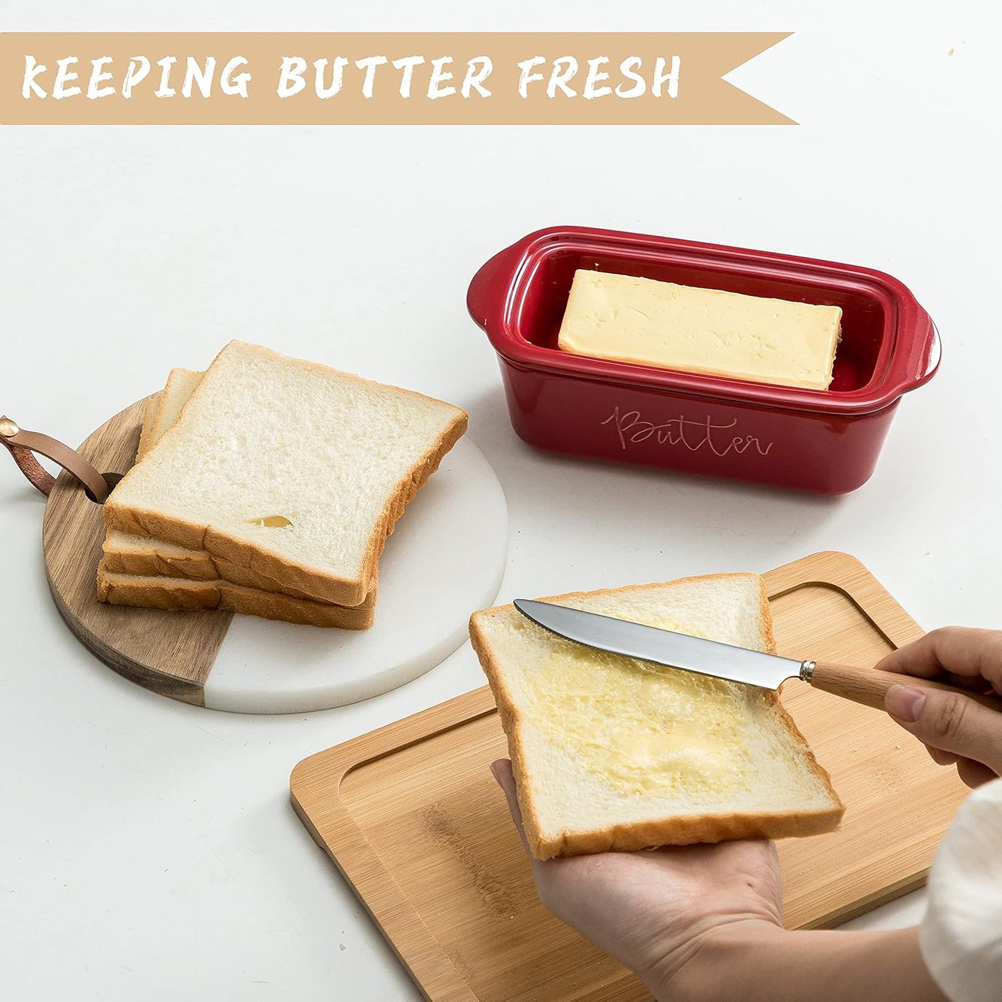 FE Butter Dish, 10 oz Ceramic Butter Keeper with Water Line, French Butter Dish with Lid for Countertop (Apple Red)