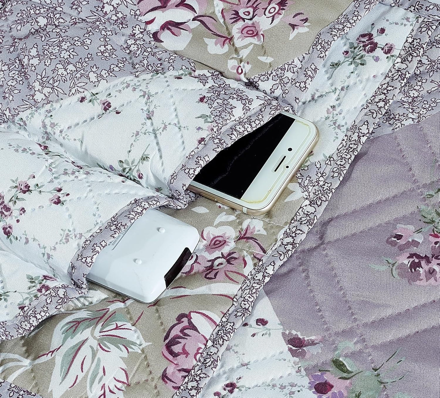 Brilliant Sunshine Lilac Rose Patchwork Couch Armrest 5 Pockets Organizer, Slip Resistant Recliner Armchair Caddy, Washable Remote Controls Holder, Storage for Magazine, Tablet, Phone, iPad, Lilac
