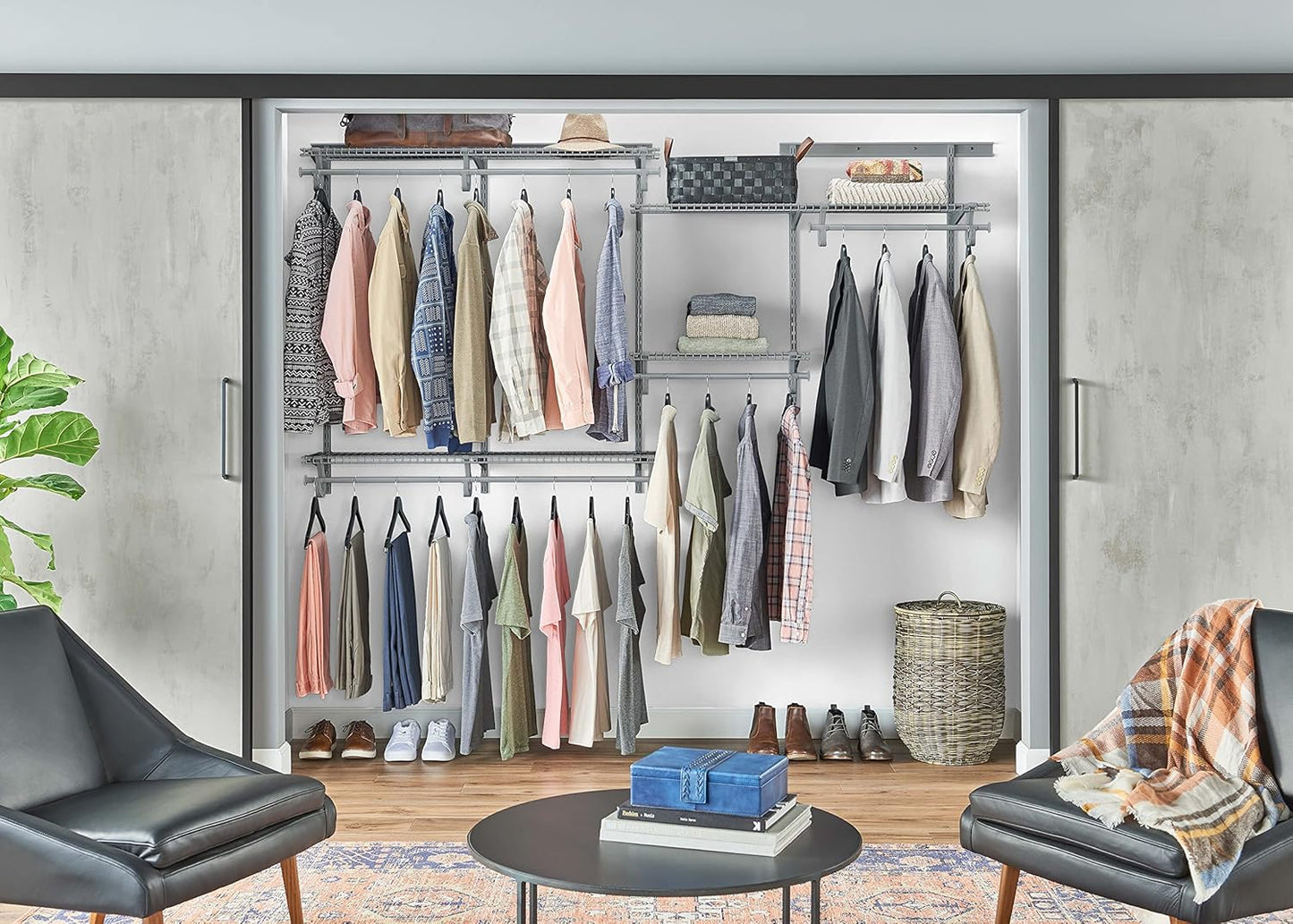 ClosetMaid ShelfTrack Wire Closet Organizer System, Adjustable from 5 to 8 Ft., With Shelves, Clothes Rods, Hardware, Durable Steel, Satin Chrome