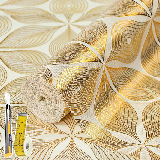 Drawer and Shelf Liner for Kitchen Cabinet,Non-Adhesive Waterproof Drawer Liner for Dresser & Bathroom Vanities with Adhesive Dots & Cutting Tool(12 in X 20 Ft Gold Leaf Pattern)