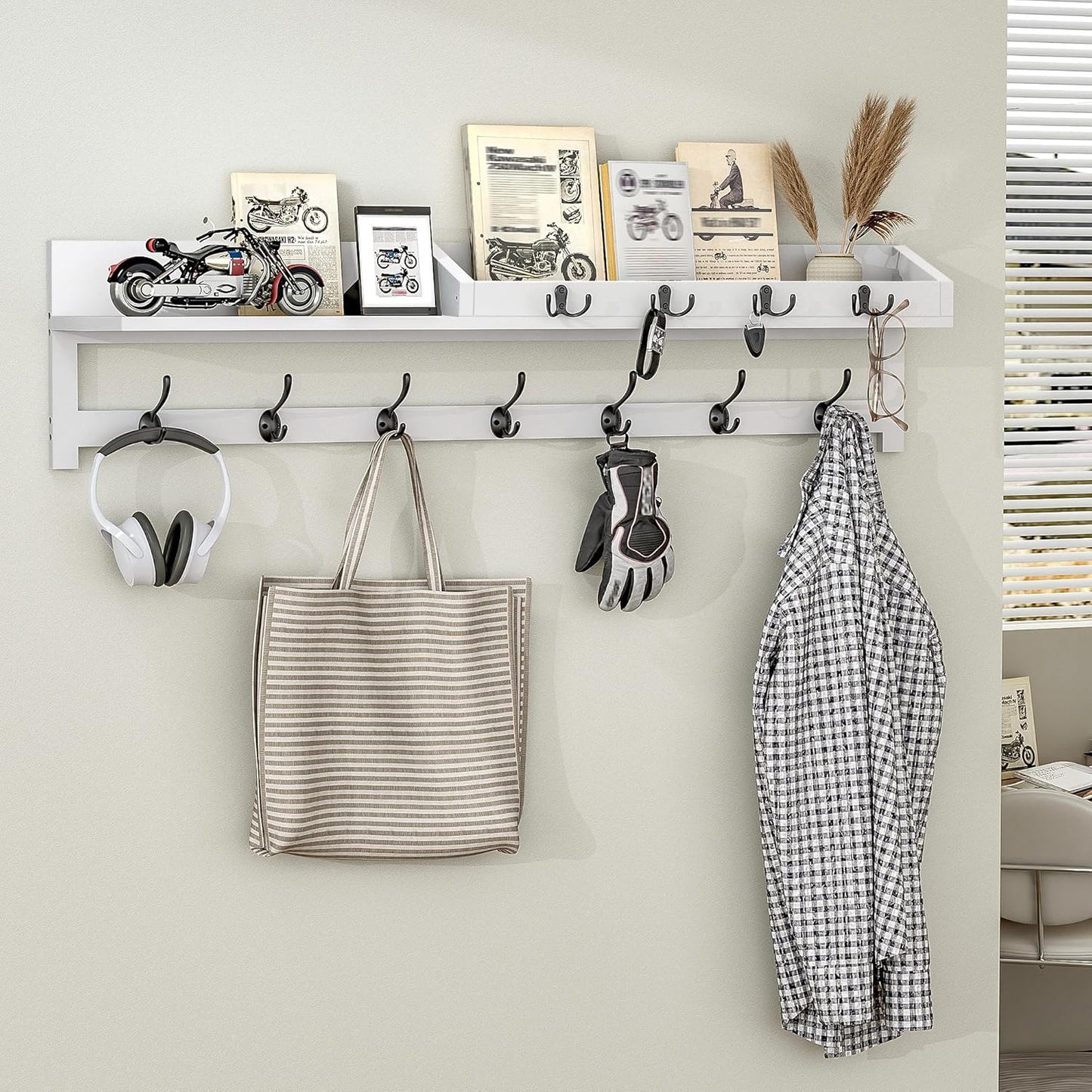 AMBIRD 35 inch Coat Rack Wall Mount, Extra Long Coat Hooks Wall Mount, Entryway Shelf with 7 Dual Coat Hooks 4 Key Hooks Mail Organizer, Wooden Wall Coat Rack with Hooks, Key Holder Rack (White)
