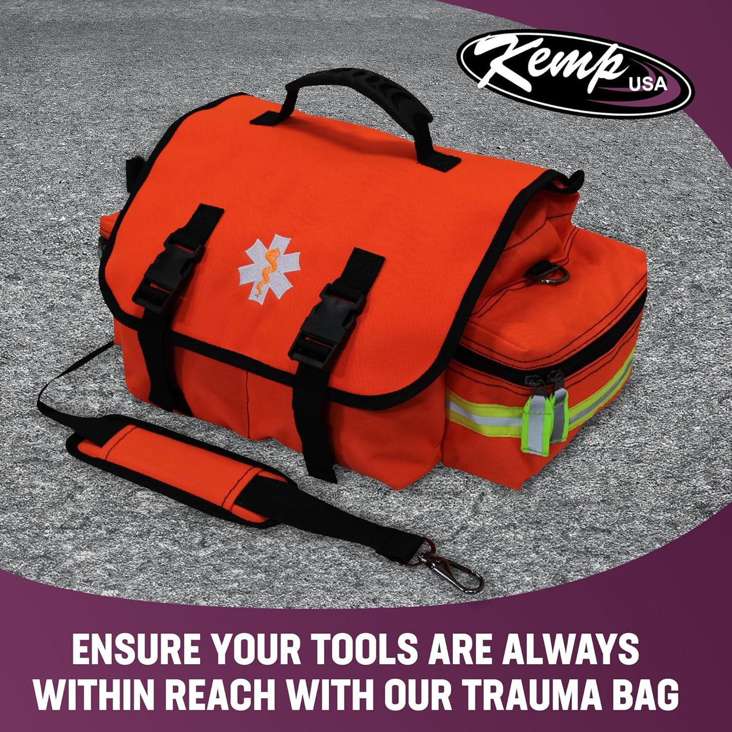 Kemp USA EMT First Responder Trauma Bag, Orange, First Aid & Survival Gear with High-Visibility Reflectors, Rapid Medical Response & Emergency Tools Organizer
