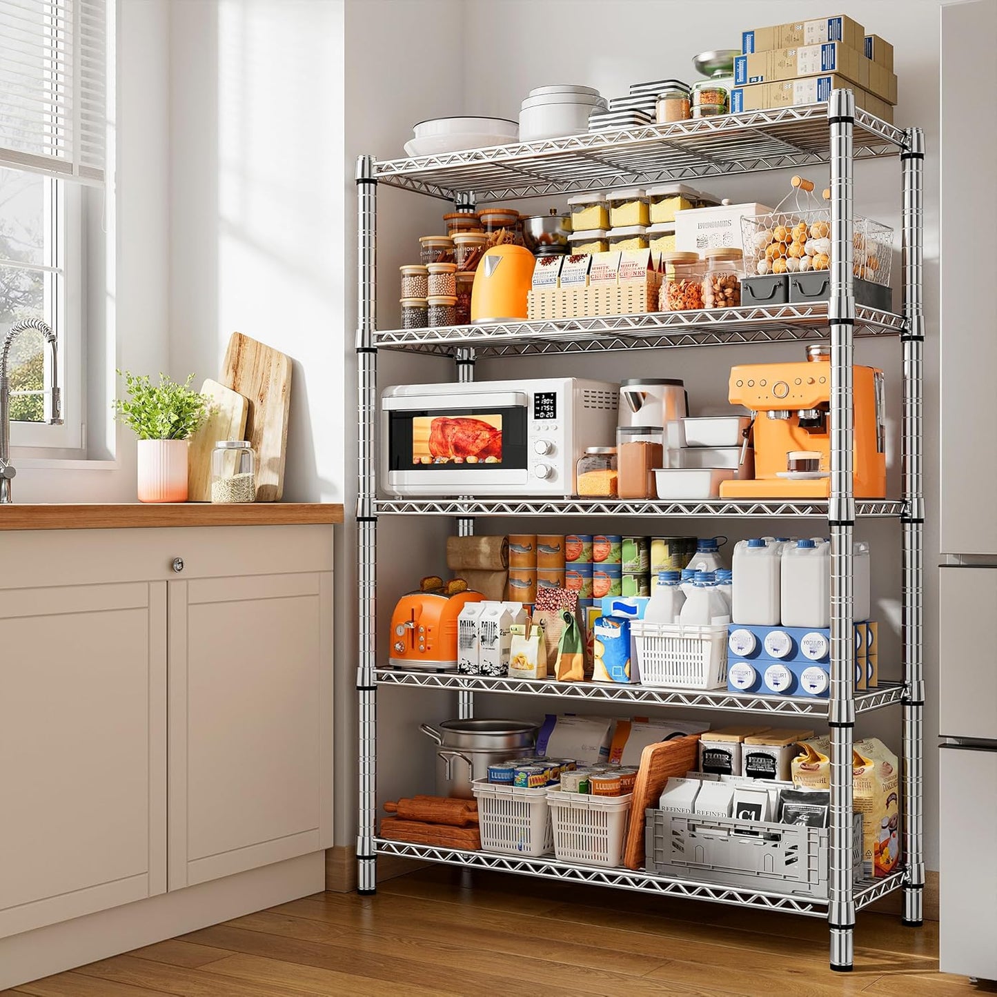 REIBII 5 Tier Metal Shelving Storage Shelves,71''H Adjustable Garage Shelving Unit and Storage,Wire Shelves Pantry Shelves for Kitchen Restaurant Warehouse Office,71H X 35.5W X 14D,Chrome