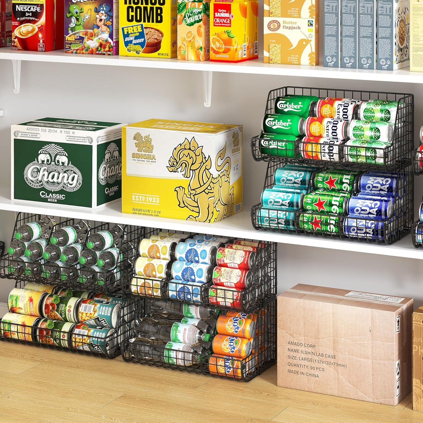 2-Tier Stackable Can Organizer for Pantry Shelves, 2 Pack Soda Can Organizer with 4 Adjustable Dividers, Kitchen Can Storage Organizer, Wire Drink Organizer, Metal Can Dispenser for Cabinets Shelf