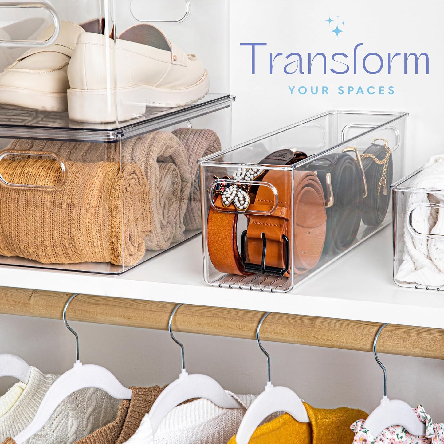primebox Plastic Food Storage 2 Pack Clear Container Bin with Handles for Organizing Kitchen, Pantry, Refrigerator, Freezer, Pantry, Cabinet, Closet, Bathroom. 14”x4”x5”