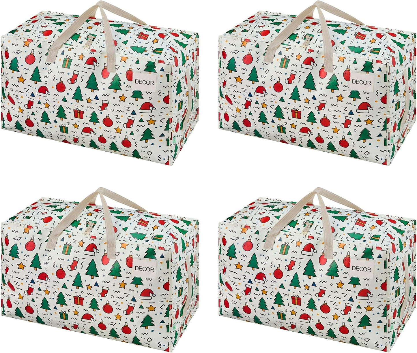 VENO 4 Pack Moving Bags and Large Christmas Decoration Storage Bins with lids. Alternative to Moving Boxes, Packing Supplies for College. Heavy Duty Totes (Jingle Mix, 4 Pack)