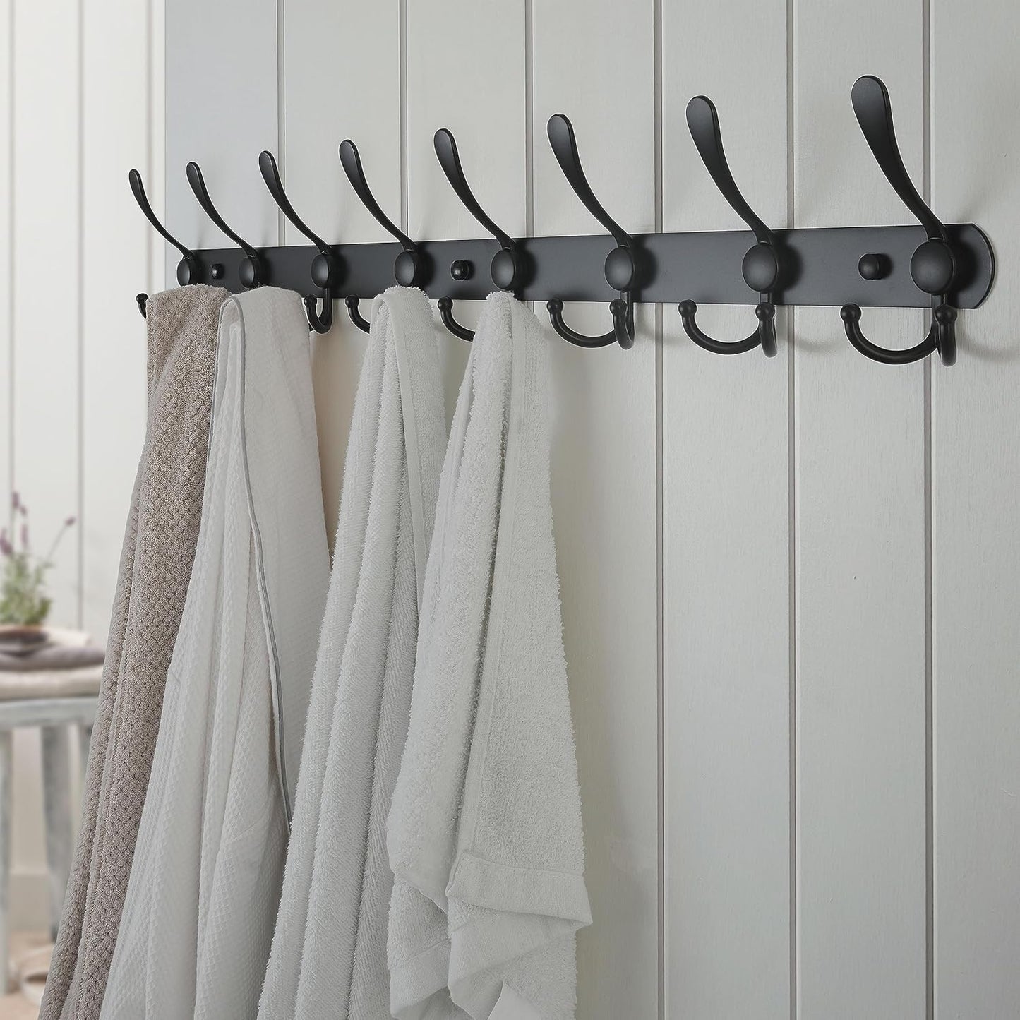 Dseap Coat Rack Wall Mount - 29.5” Long 8-Tri-Hooks Heavy Duty Coat Hanger Rail Wall Hooks for Hanging Coats Hats Clothing Clothes Purse Mudroom Entryway, Black, Pack of 2