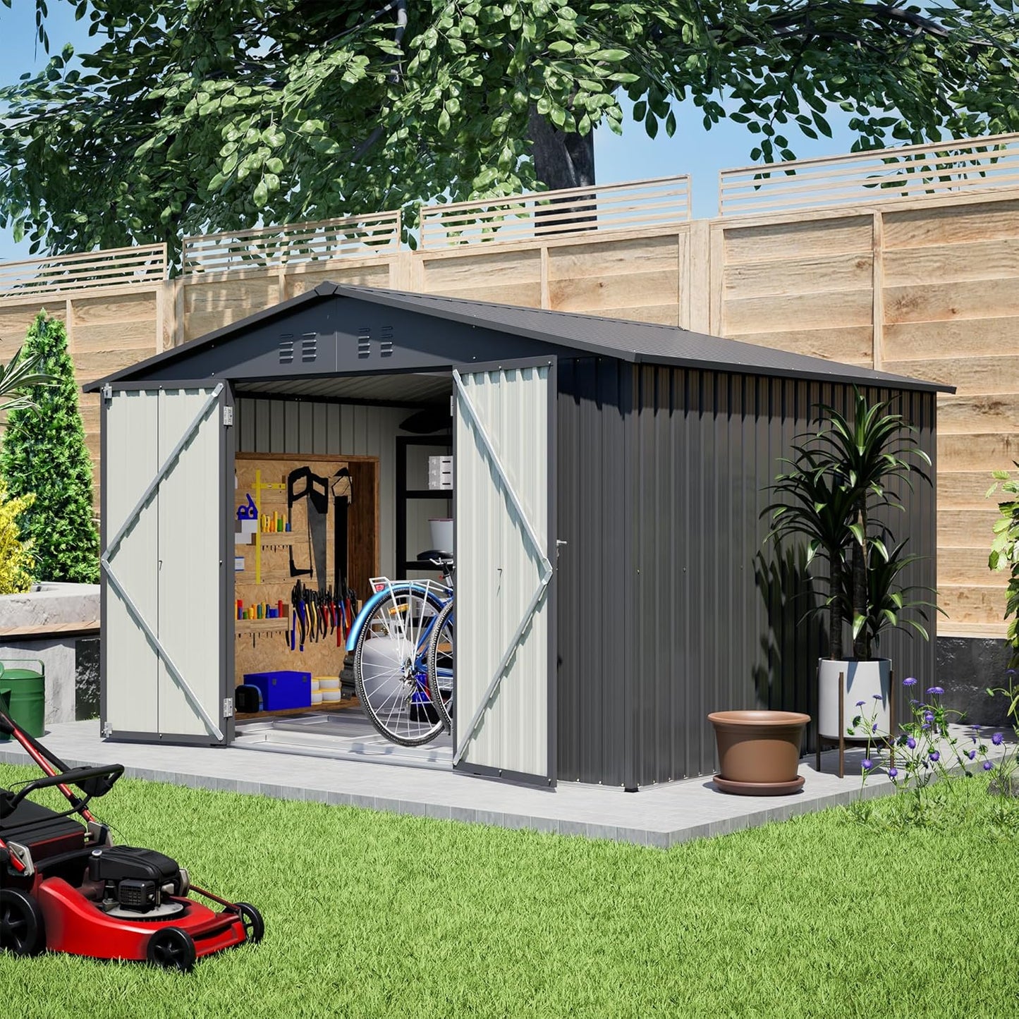 10x8 FT Outdoor Storage Shed with Floor Frame Structure and Lockable Doors, Durable and Sturdy Meta Sheds with Waterproof Roof Garden Tool Shed Ideal for Backyard Patio (Black