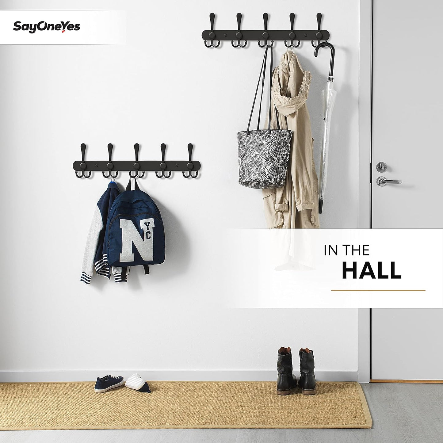 Coat Rack Wall Mount with 5 Tri Hooks, Stainless Steel 16 Inch – Black Matte Finish, Heavy Duty Wall Mounted Hook Rack for Coats, Hats, Towels, Scarfs, Robes, Bags, Entryway & Bathroom - 4 Pack