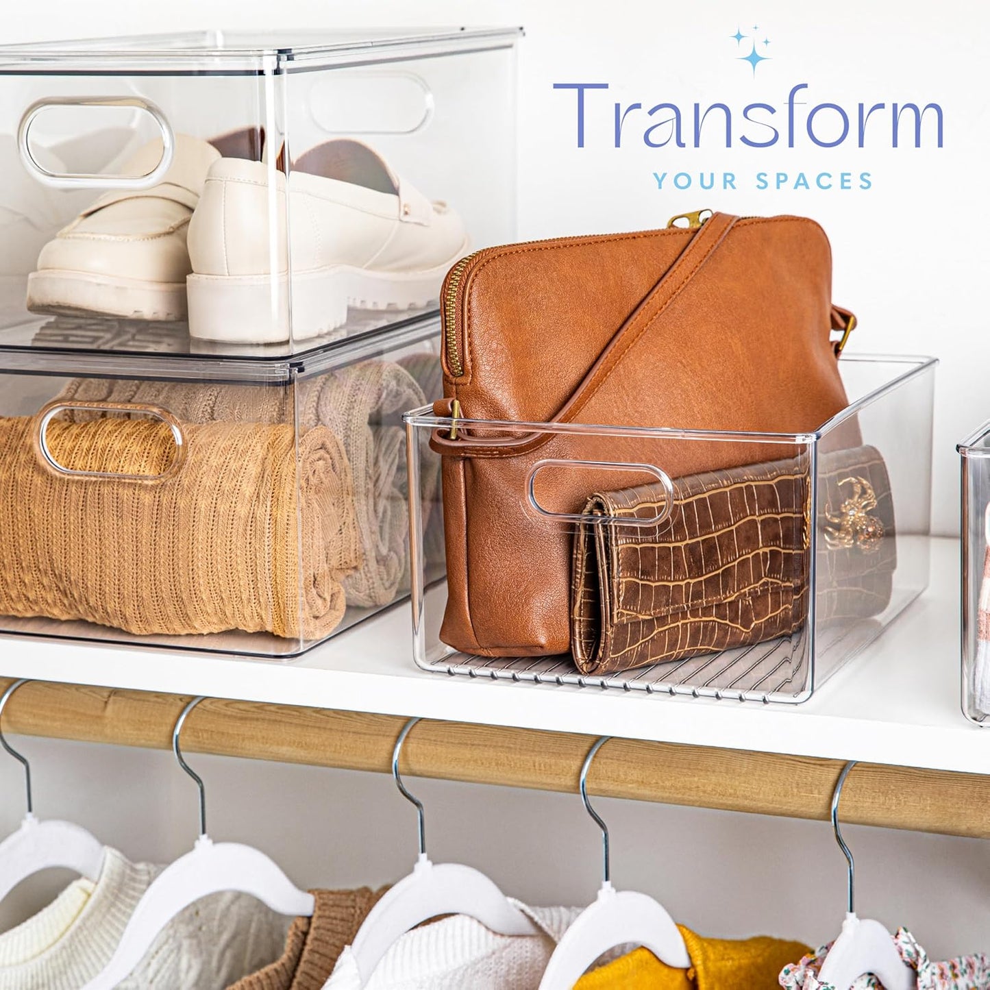 primebox Plastic Food Storage 4 Pack Clear Container Bin with Handles for Organizing Kitchen, Pantry, Refrigerator, Freezer, Pantry, Cabinet, Closet, Bathroom 10”x8”x5”