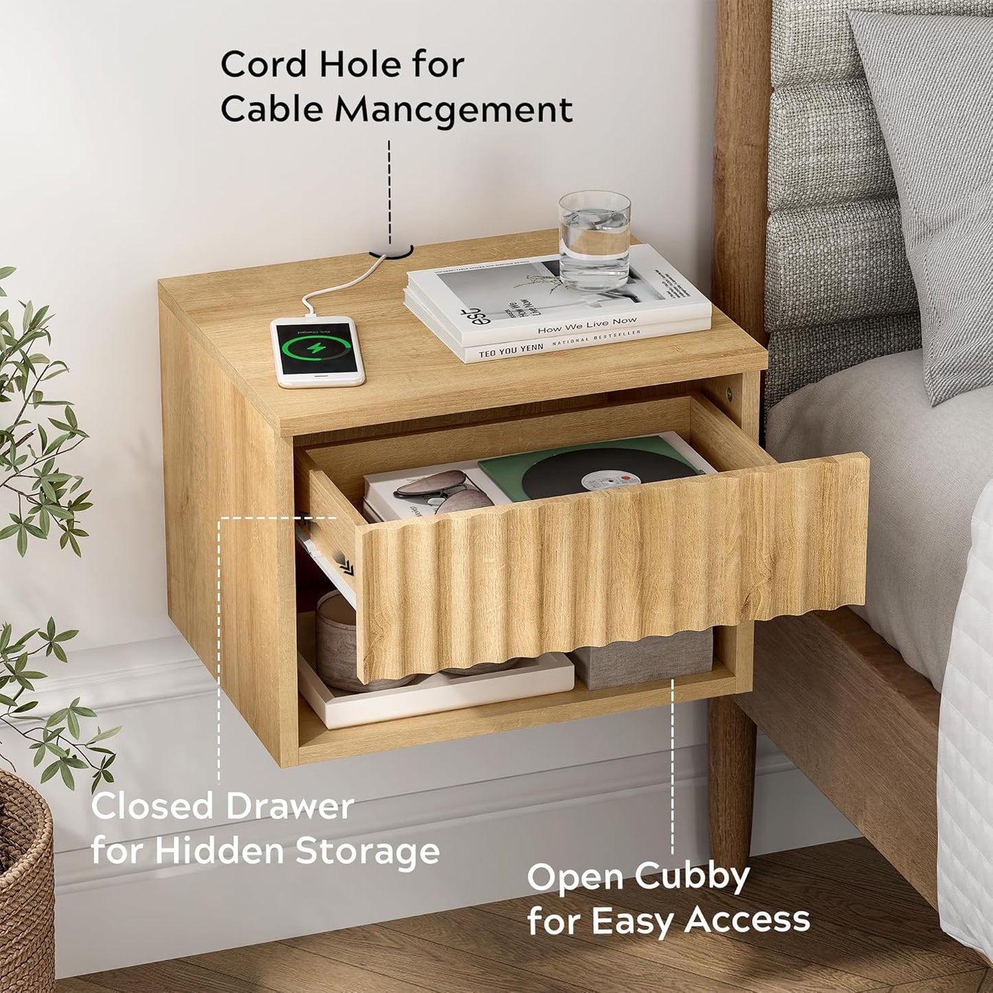 Floating Nightstand with Drawer, Modern Small Night Stand with Fluted Door and Open Storage Shelf Wall Mounted Bedside Table for Bedroom, Entryway Natural Oak