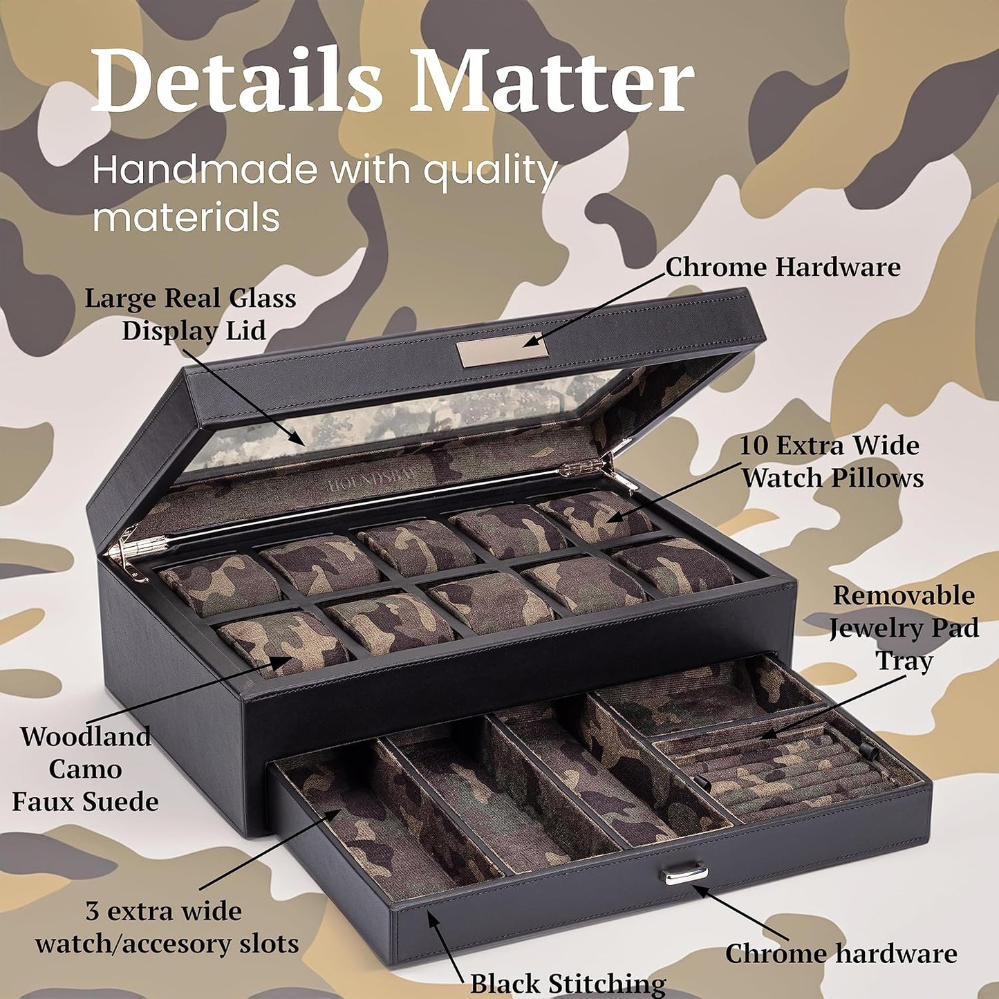 HOUNDSBAY Yachtsman Large Watch Box Jewelry Organizer for Men, Camo Gifts for Men, Jewelry Box Organizer, Watch Display & EDC Storage Drawer, Watch Case