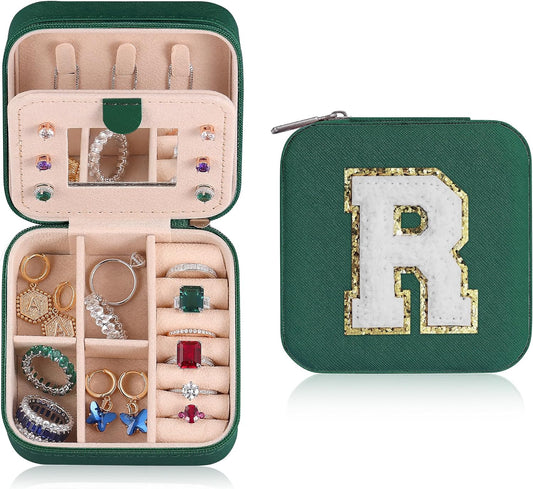 Parima Travel Jewelry Box for Girls Women, Initial Organizer Must Haves Case Necklace Earrings Ring Gifts Women, Green