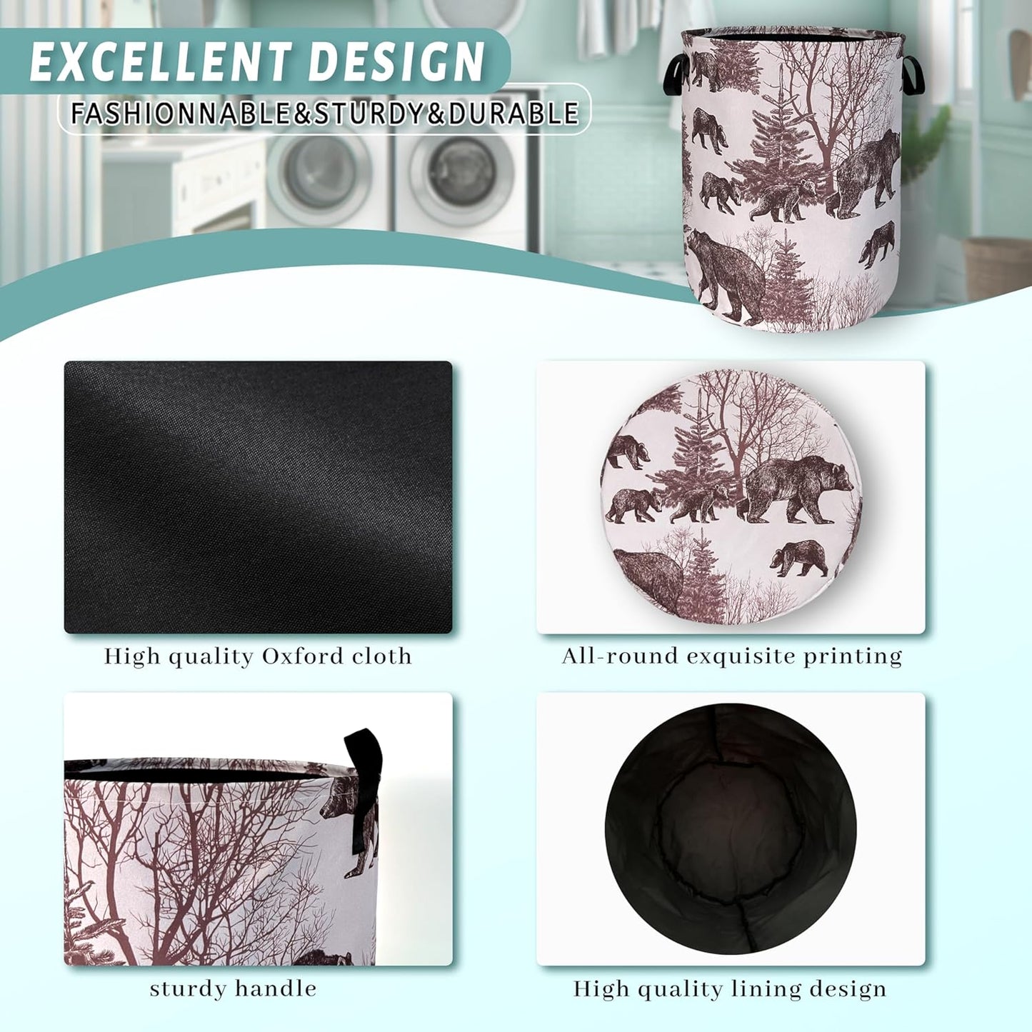 Forest Bear Laundry Hamper With Handles Foldable Oxford Cloth Retro Animals Tote Bag Bears Funny Laundry Basket Clothes Toy Storage Bucket 18.9" x 16.5" For Bathroom/Laundry/Bedroom