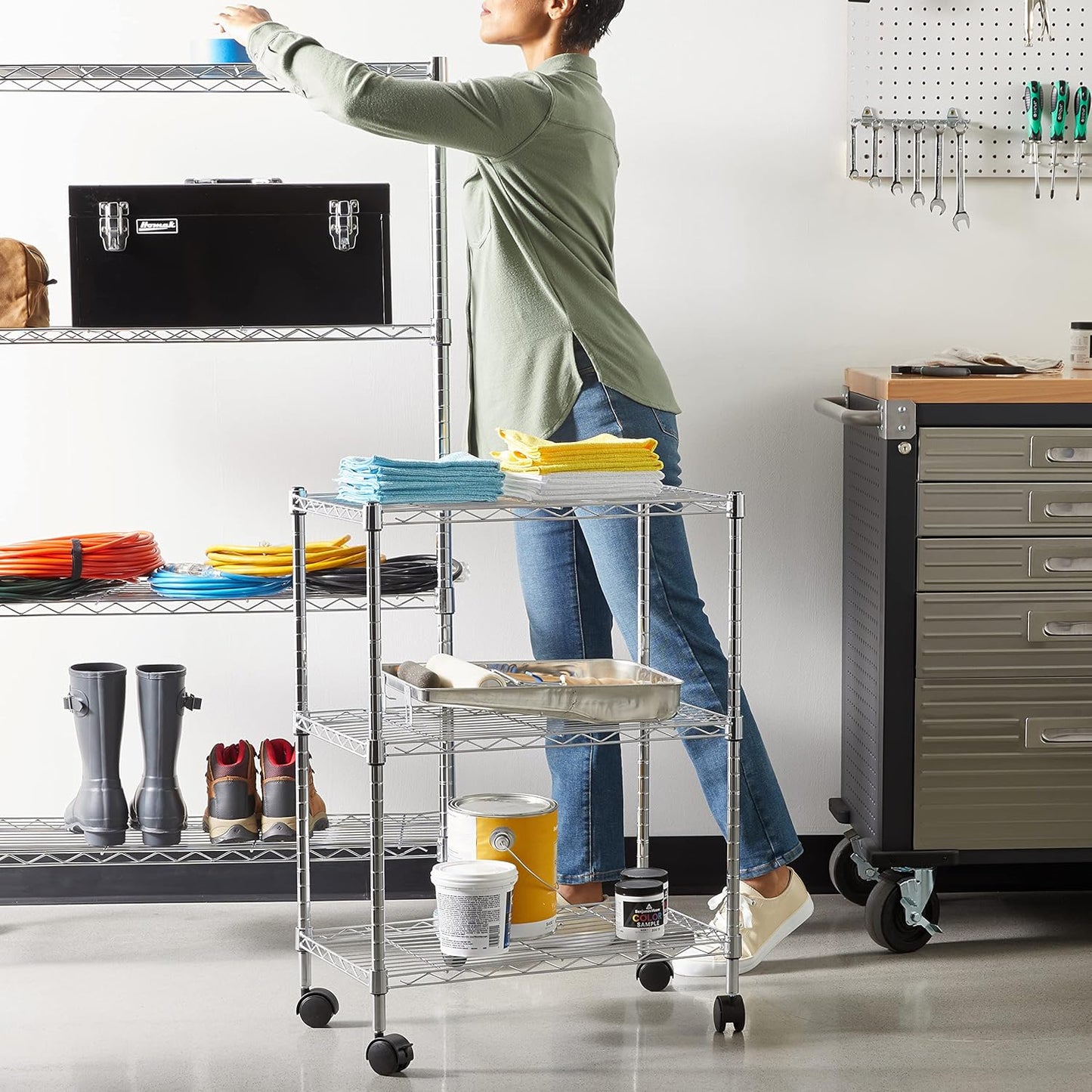 Amazon Basics 3-Shelf Adjustable, Heavy Duty Storage Shelving Unit on 2'' PP Plastic Wheel Casters, Metal Organizer Wire Rack, 23.2" L x 13.4" W x 32.75" H, Chrome