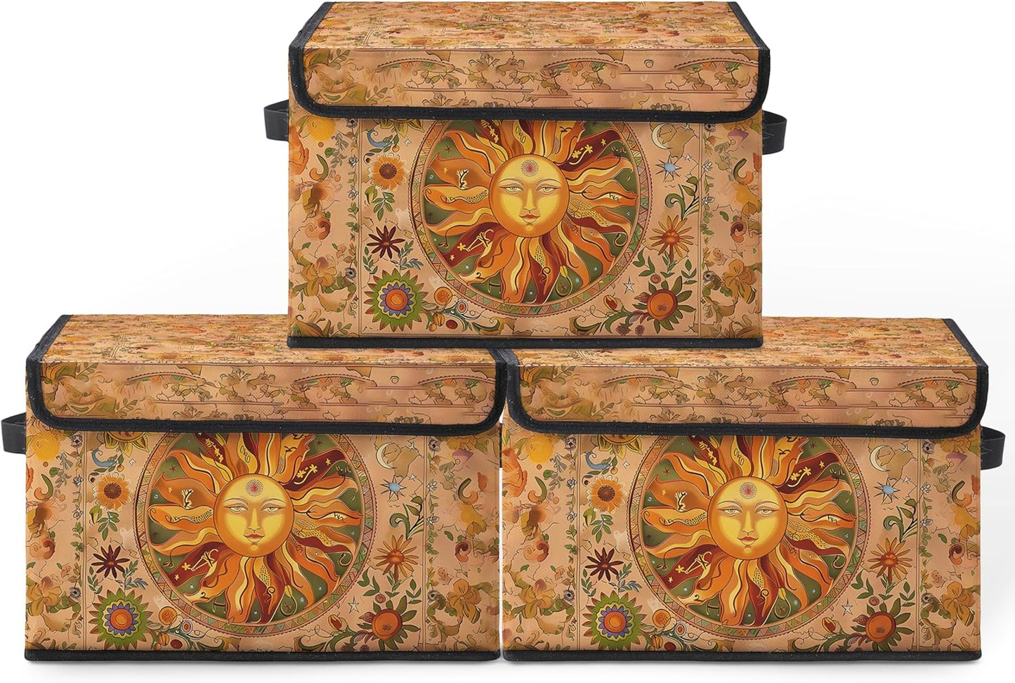 Stackable Clothes Storage Bins with Lids,Closet Organizers Fabric Box for Home and Office,Blanket Clothes Organizers,Under Bed Storage Containers 3 Pack(Sun).