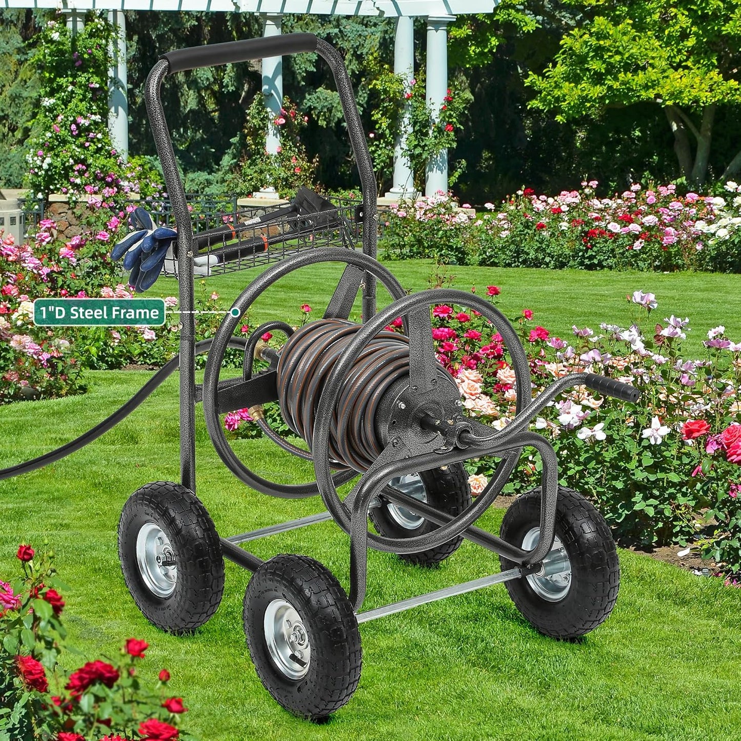 Garden Water Hose Reel Cart - 250 ft. Capacity, 10" Pneumatic Tires, Powder-Coated Steel Frame for Tangle-Free Garden Hose Storage
