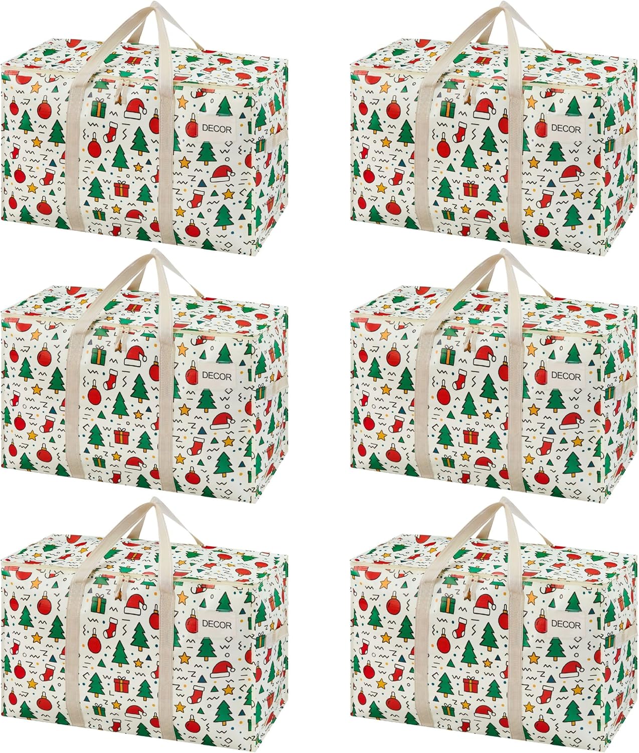 VENO 6 Pack Moving Bags and Large Christmas Storage Bins with lids. Alternative to Moving Boxes, Packing Supplies for College. Extra Large Heavy Duty Totes for Packaging (Jingle Mix, 6 Pack)