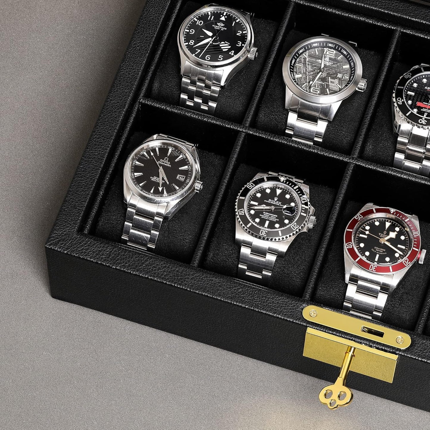 ROTHWELL 10 Slot Leather Watch Box - Luxury Case Display Jewelry Organizer - Locking Watch Display Case Holder with Large Glass Top - Box Organizer for Men and Women (Black/Black)