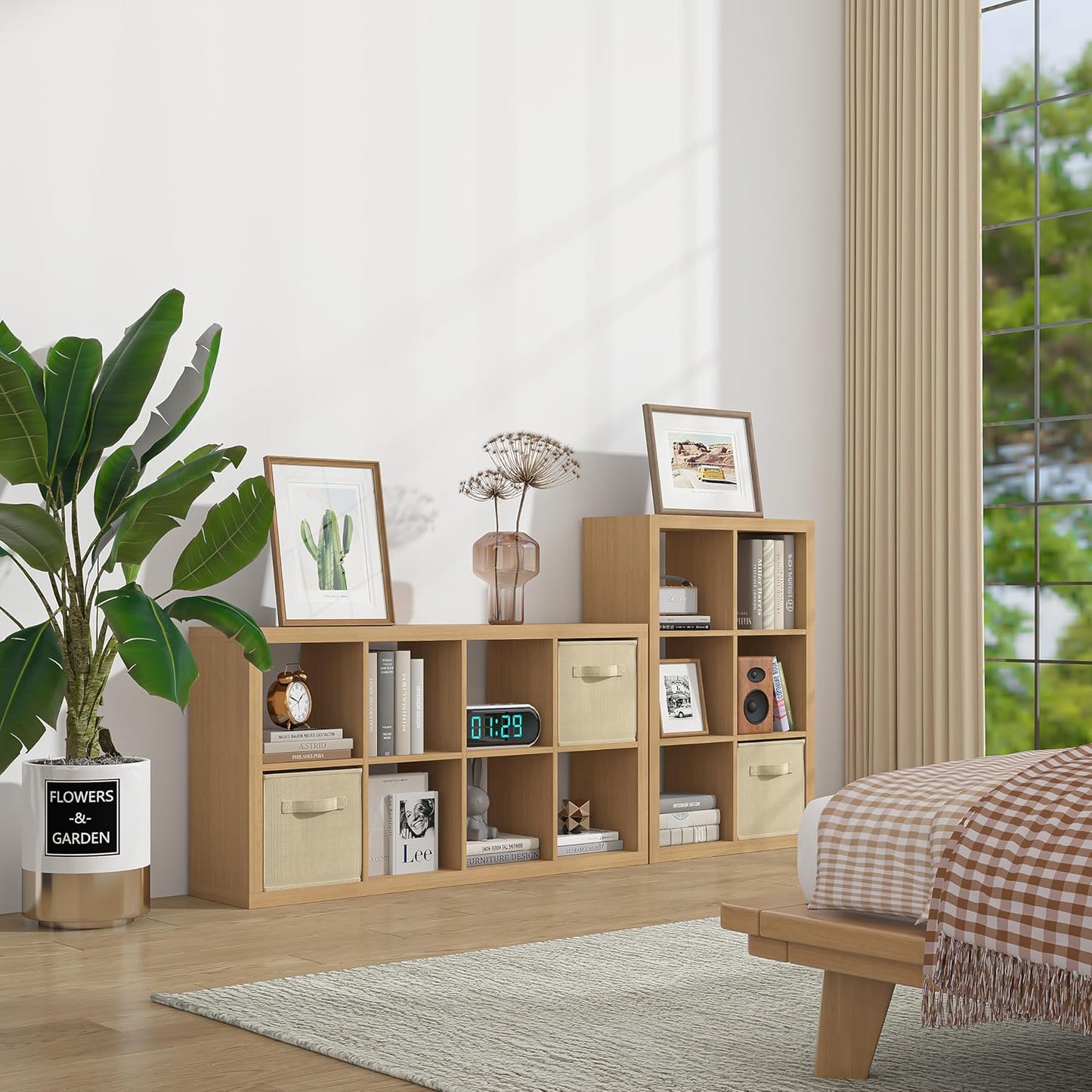 Bookshelf with Storage Bins, 9-Cube Storage Organizer Sturdy Wooden Bookcase Open Book Shelf, Multifunctional Cubicle Rack for Storage & Display, Furniture for Living Room Bedroom Office, Oak