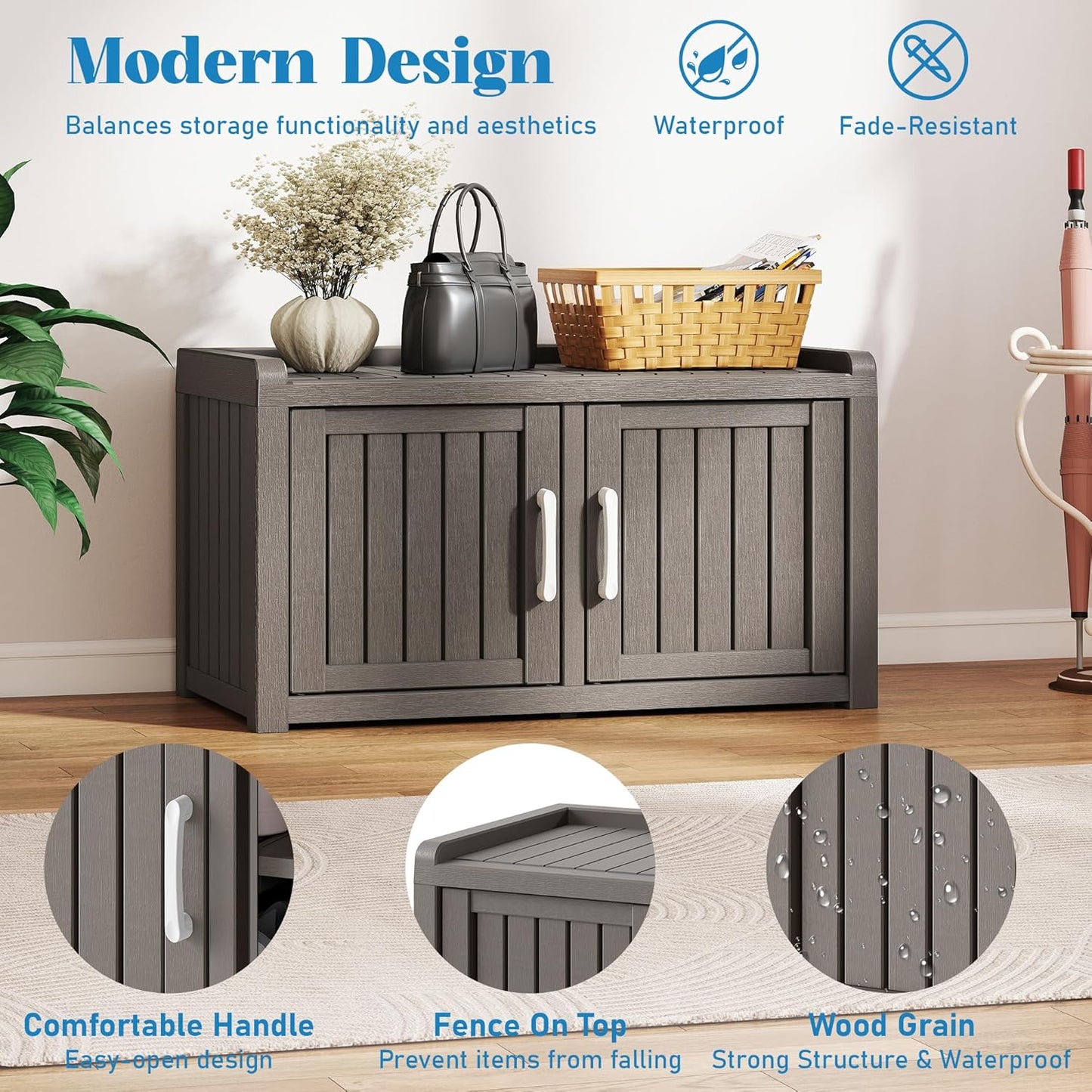 KAMABOKO Shoe Storage Cabinet Waterproof UV-Resistant, Entryway Storage Bench Indoor Outdoor with 2 Barn Doors, Adjustable Shelves for Entryway, Bedroom, Hallway,Living Room(Grey)