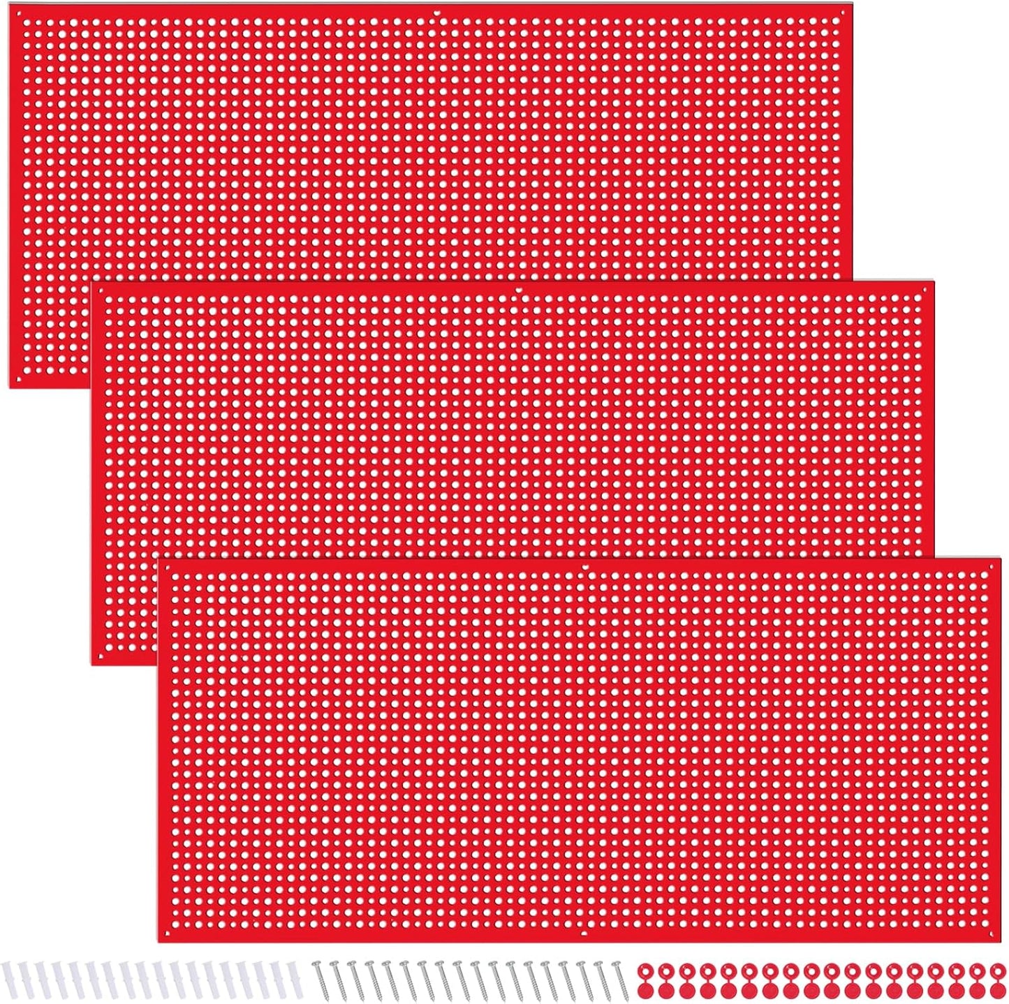 Pegboard Rack Garage Storage Steel Horizontal PegBoard Pack,Steel Pegboard Heavy Duty- 3 Pack 16-Inch X 36-Inch Metal Peg Board Tool Organization Panels (Red)