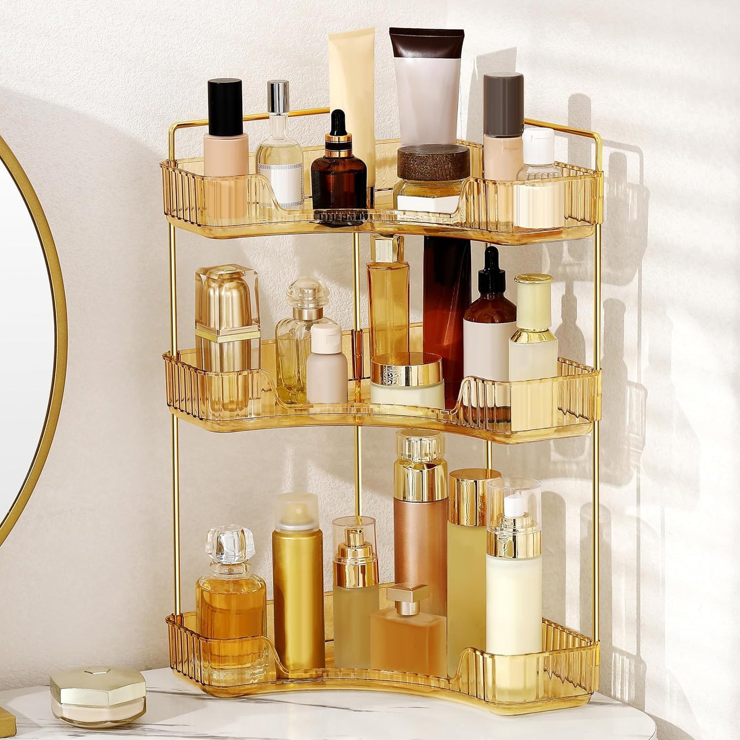 YCIA&DONE Corner Bathroom Counter Organizer, Makeup Organizer for Vanity, Skincare Cosmetic Perfume Tray, Corner Countertop Shelf Rack Storage for Bathroom Kitchen 3 Tiers (Amber Gold)