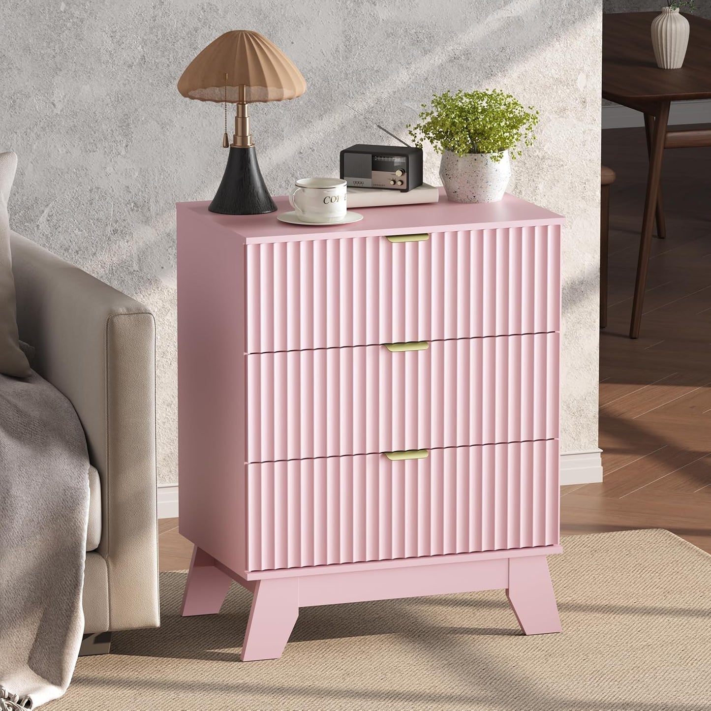 Night Stand Set 2, Bedside Table & End Table, Mid Century Modern Fluted Wood Nightstand with 3 Drawers & Metal Handles, Farmhouse Nightstand for Bedroom, Pink
