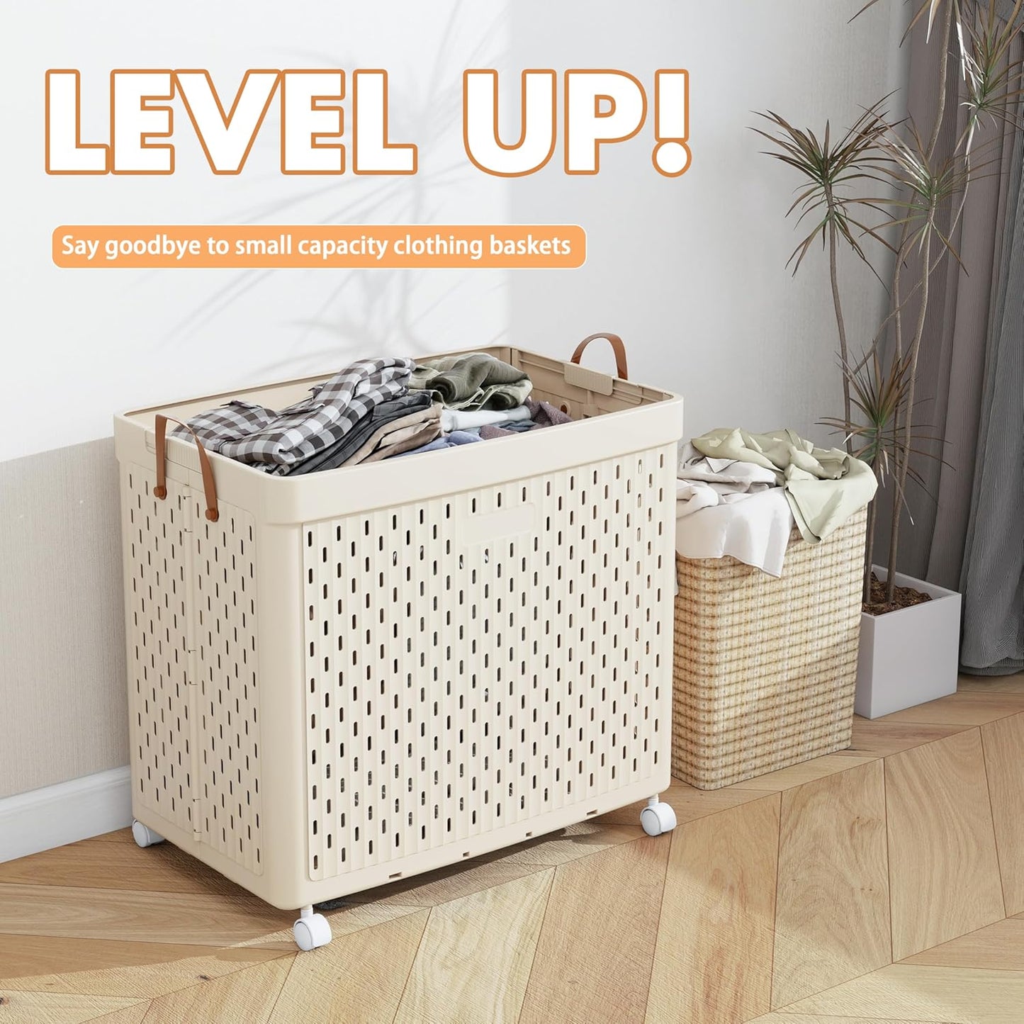 UAK Laundry Basket with Wheels, Collapsible Plastic Laundry Hamper with Handle, Foldable Laundry Basket Organizer for Laundry and Bathroom Ivory, XXXXL (110L)