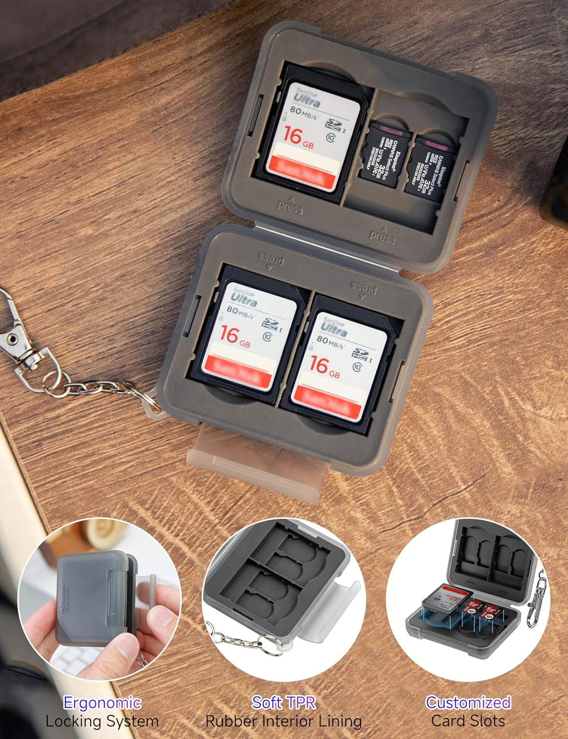 PROfezzion SD Card Holder Case Water-Resistant: Portable 12 Slots Memory Card Case for 8 Micro SD Card & 4 SD/SDXC/SDHC Card, Memory Card Hard Carrying Box Keeper Protector with Rubber Interior Grey
