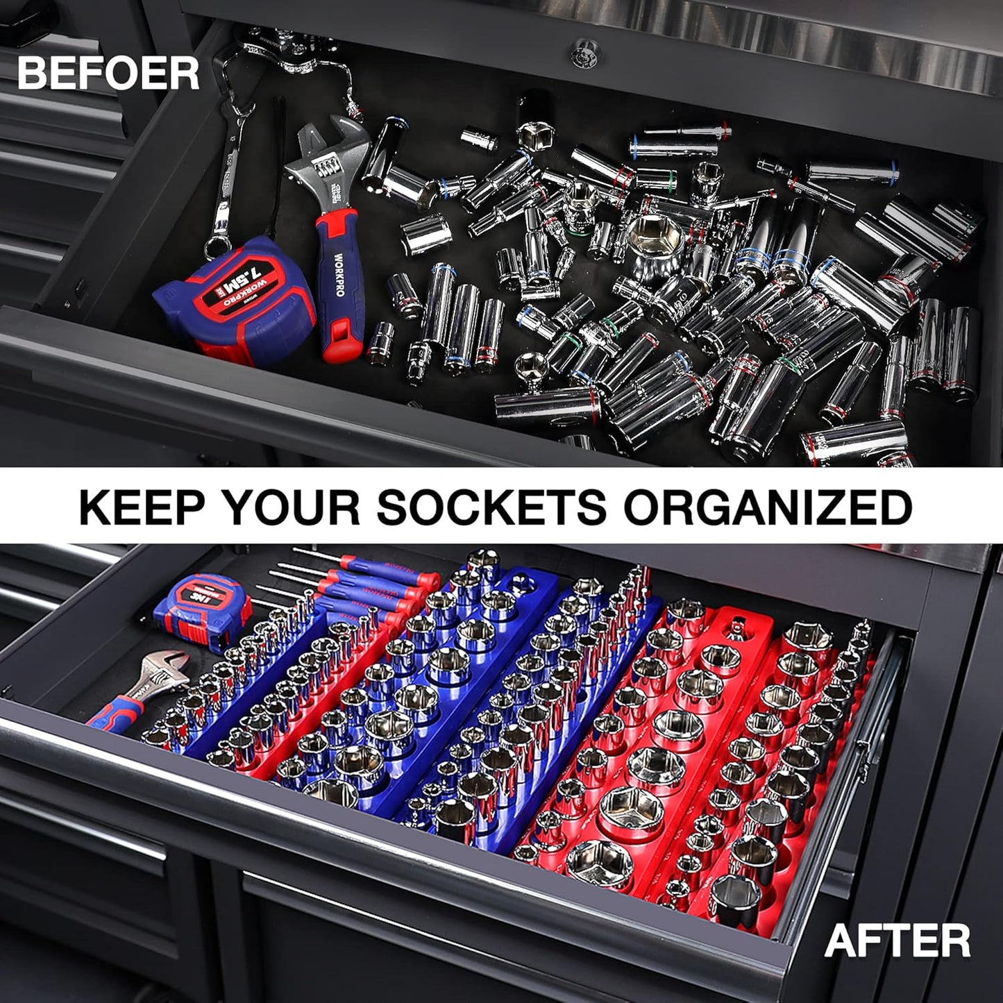 WORKPRO Magnetic Socket Organizer, 1/4-Inch Metric Socket Holder, Tool Trays Holds 26 Pieces Standard Size and Deep Size Sockets(Sockets not Included)