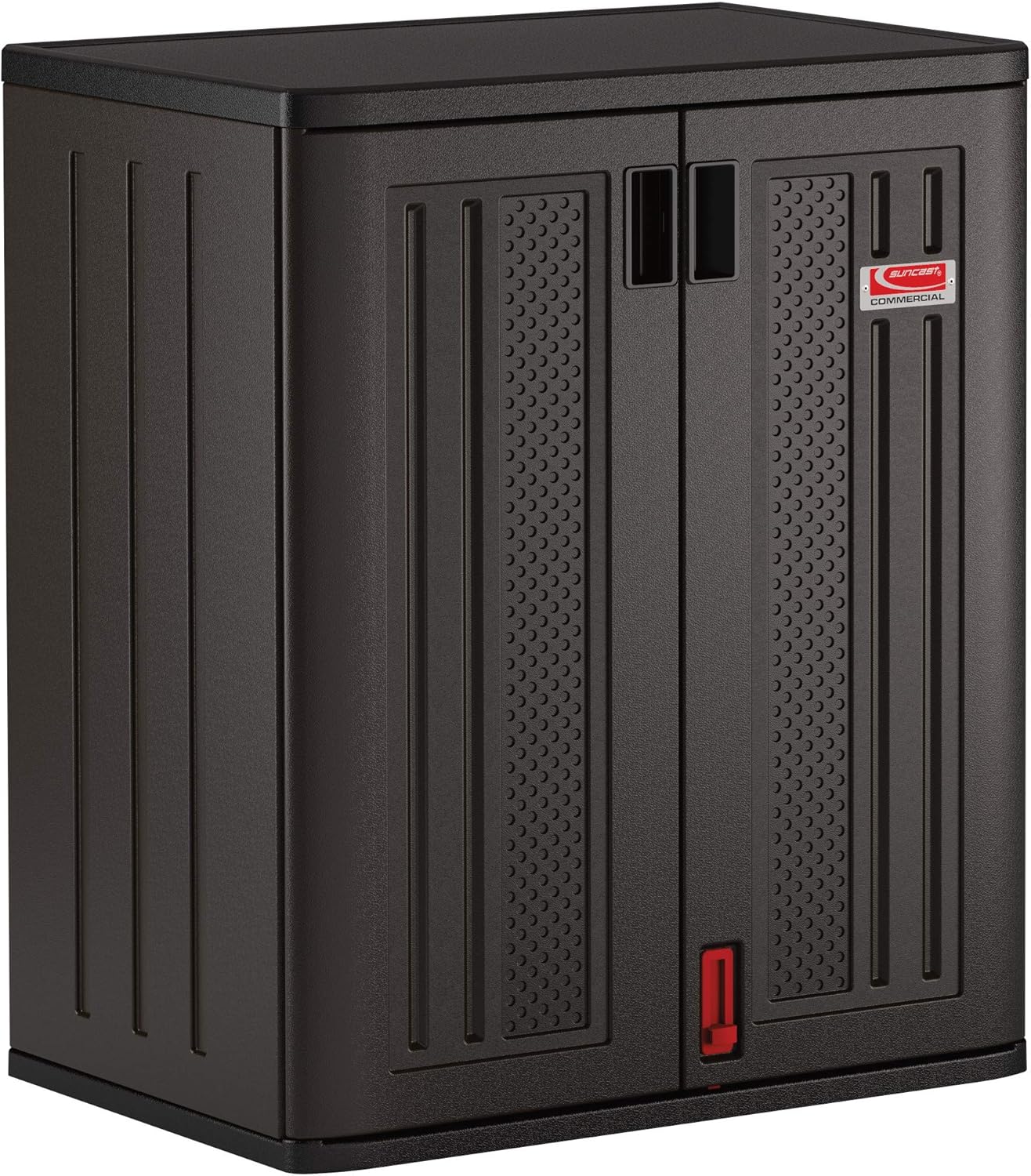 Suncast Heavy-Duty Resin Outdoor Storage Cabinet, 30" W x 20.25" D x 36" H Dark Grey Base Garage Storage Cabinet with Lockable Doors and Metal Reinforced Shelves, Made in The USA