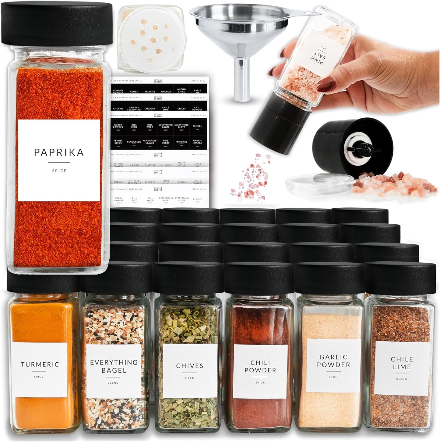 SAVVY & SORTED Glass Spice Jars with Label 24 PK - 4 Oz Spice Containers with 374 Minimalist Labels Stickers, Pepper Grinder Funnel Shaker Lids, Empty Square Seasoning Rack Organizer