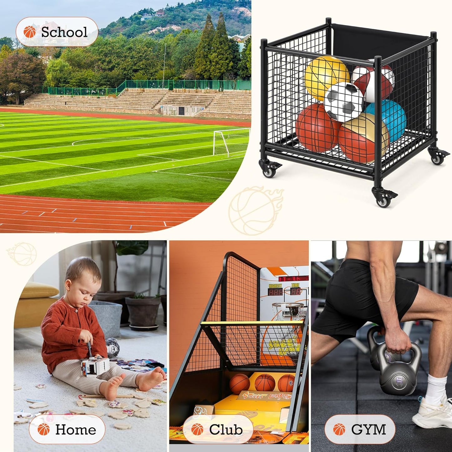 AECOJOY Ball Cart Storage, Rolling Basketball Bin with Wheels for Garage, School, Gym, Sports Equipment and Toy Organizer, Indoor & Outdoor