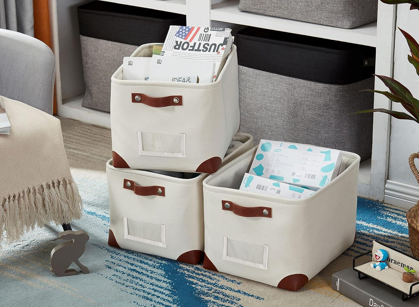 DECOMOMO White Storage Bins Fabric Storage Baskets for Shelves & Linen Closet Organization (Creamy White W/ Label holder, Large - 3 Pack)