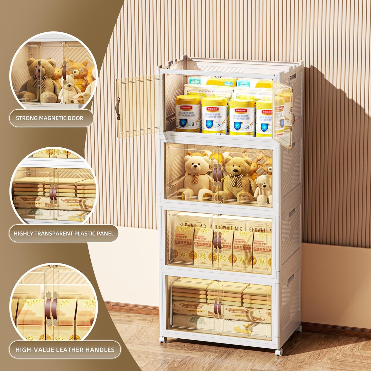 416 QT / 104 Gal Stackable Collapsible Storage Bins with Magnetic Doors & Wheels - Space-Saving Plastic Organizer Cabinet for Closet, Office, Home (White)