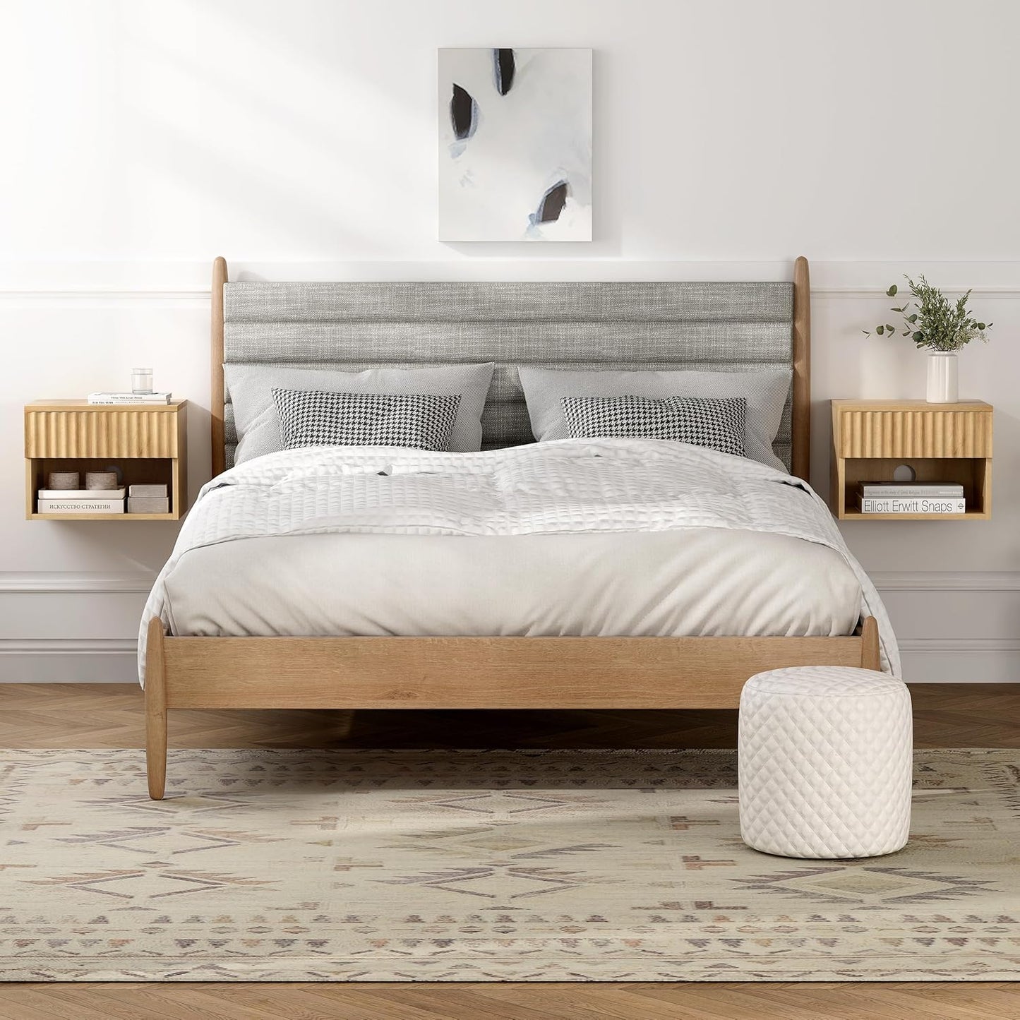 Floating Nightstands Set of 2 with Drawer and Open Shelf, Small Wall Mounted Bedside End Table, Modern Fluted Night Stand for Bedroom, Living Room, Natural Oak