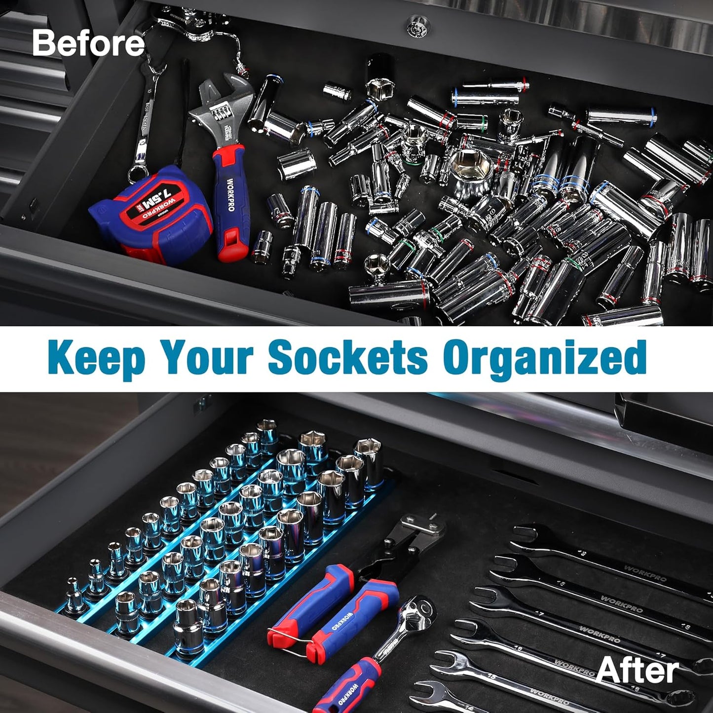 WORKPRO Magnetic Socket Organizer, 1/2-Inch Drive Aluminum Alloy Socket Rail, Heavy Duty Socket Holder, Socket Rack Kit 1/2-Inch x 10 Clips Sky Blue (Socket not Included)