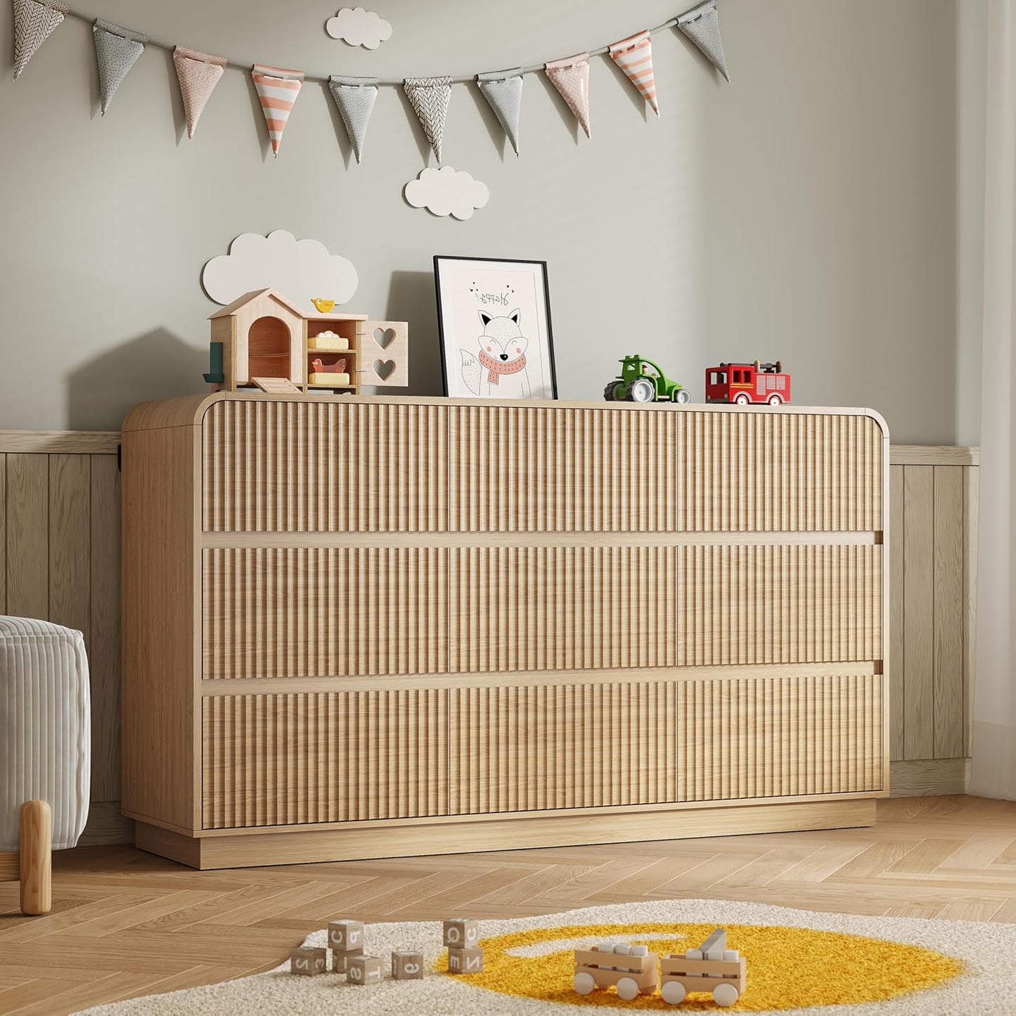Dresser for Bedroom with 9 Drawers, Fluted Chest of Drawers with Round Curved Corner, Hidden Handles, Modern Wood Storage Organizer for Bedroom, Nursery, Living Room