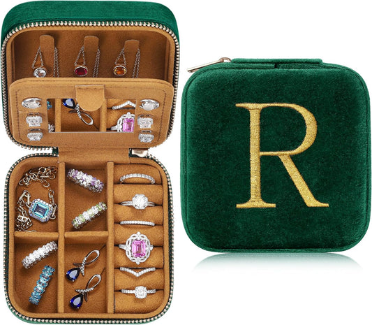 Parima Retirement Gifts for Women - Retirement Gifts for Women 2025, Happy Retirement Party Gifts, Plush Velvet Emerald-Green Travel Jewelry Case Jewelry Box - Letter R, Green