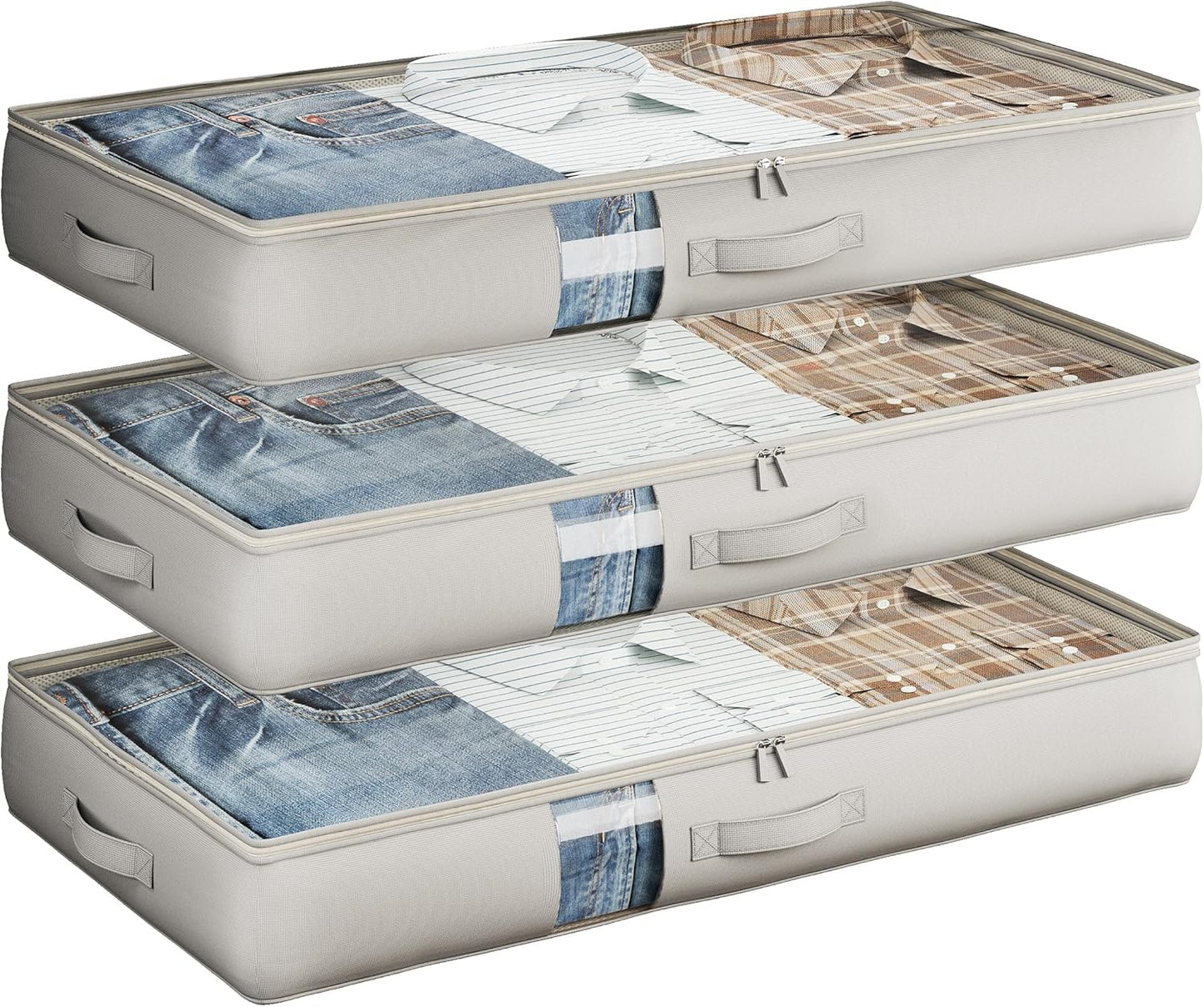 Under Bed Storage Containers with Window, Closet Organizers and Storage Bags, Foldable Underbed Storage Bags for Blankets, Clothing, Comforter, Linen Sheets, Wrapping Paper, 3 Pack, Grey