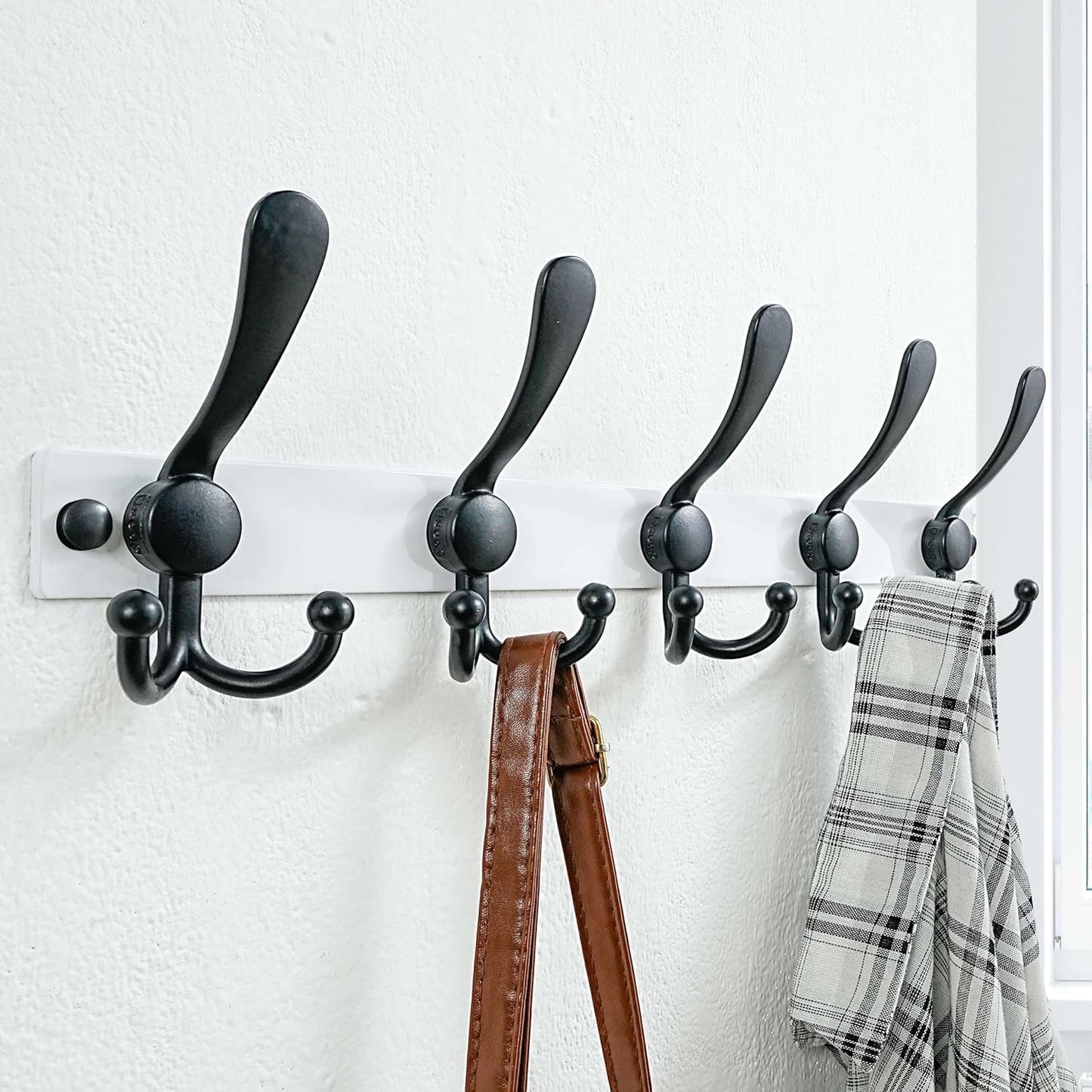 Dseap Coat Rack Wall Mount 2.0 Pro: Heavy Duty 300% Thicker, 16" Stud Mount, Stainless Steel Wall Coat Hooks Hanger for Clothes Jackets Hats Entryway Closet, MaxStrong Series, White & Black, Pack of 2
