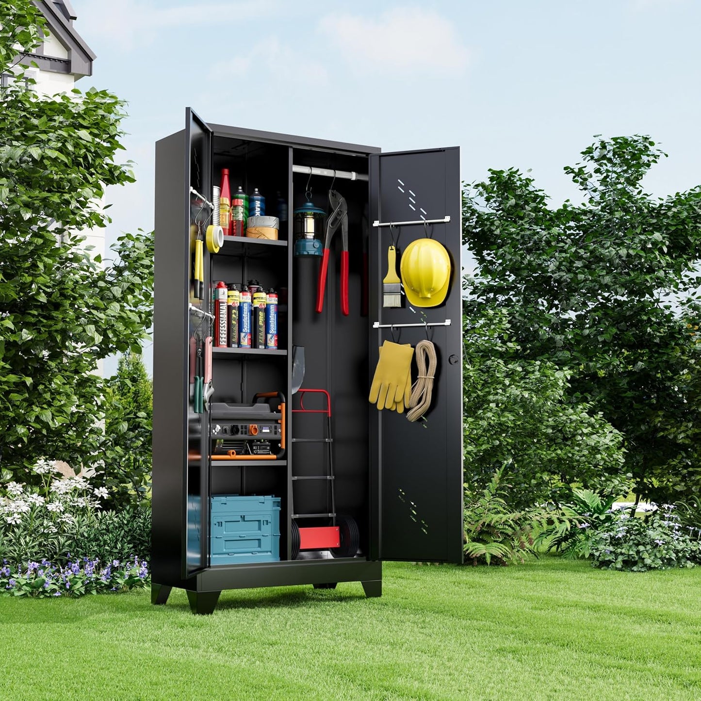 Metal Storage Cabinet 71" H, Garege Storage with Stainless Steel Bottom, Black Cleaning Supplies Organization Cabinet with Lockable Doors and Hanging Rod for Outdoor, Home Office
