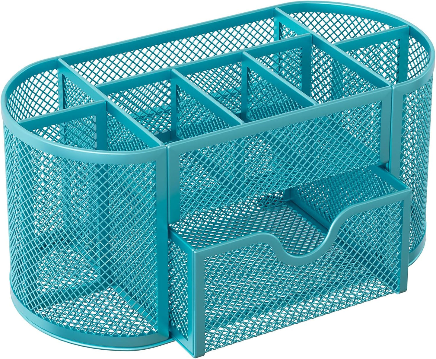 EasyPAG Mesh Pen Holder Desk Organizer with Drawer Stationery Supplies Organizer for Dorm School 9 Compartments Workspace Desk Accessories Organization for Office, Blue