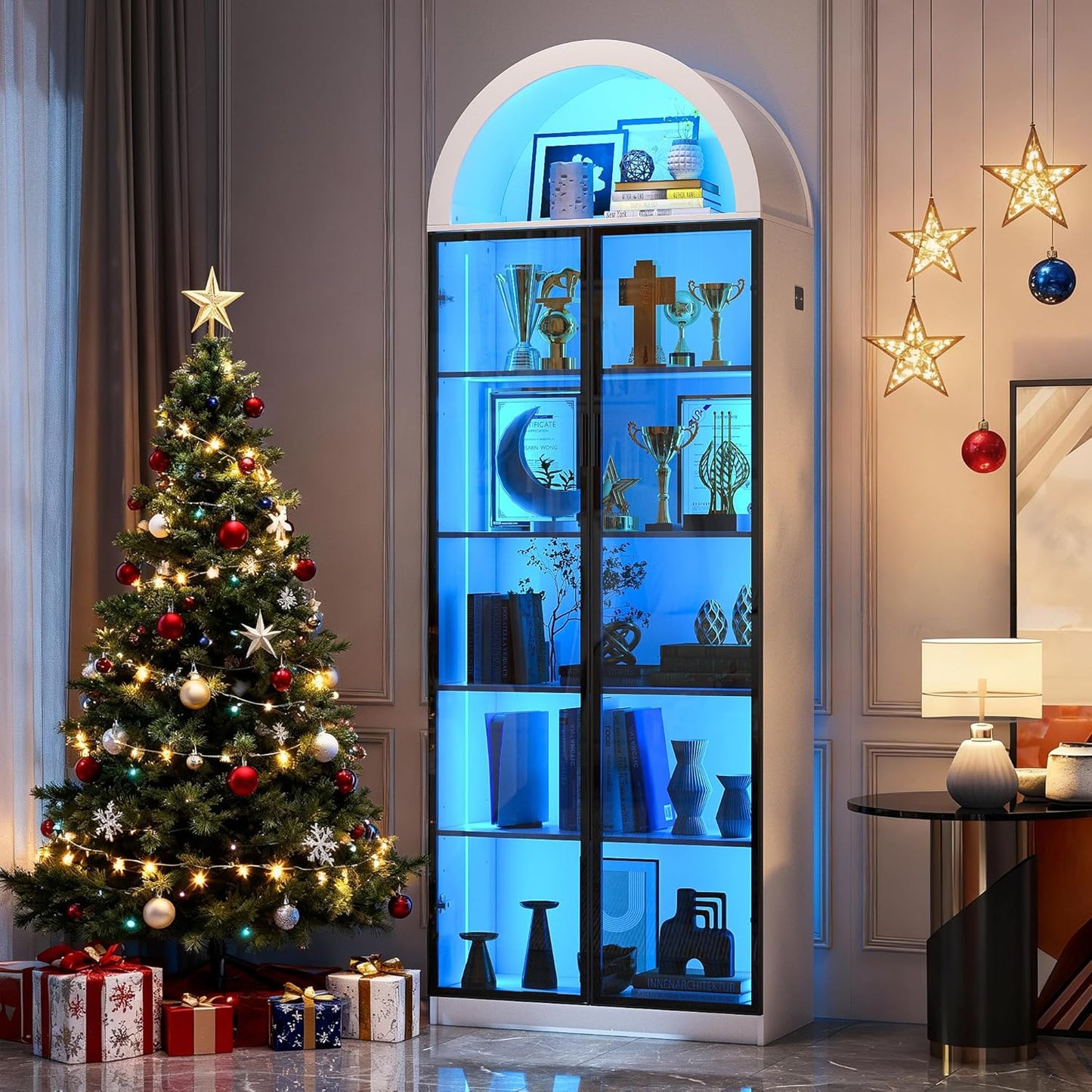 Display Cabinet with Doors and Adjustable Shelves, 76" Tall Display Case with LED Lights/Arch Storage Space, 6 Tier Bookcase for Collectibles Bedroom Living Room Office, White