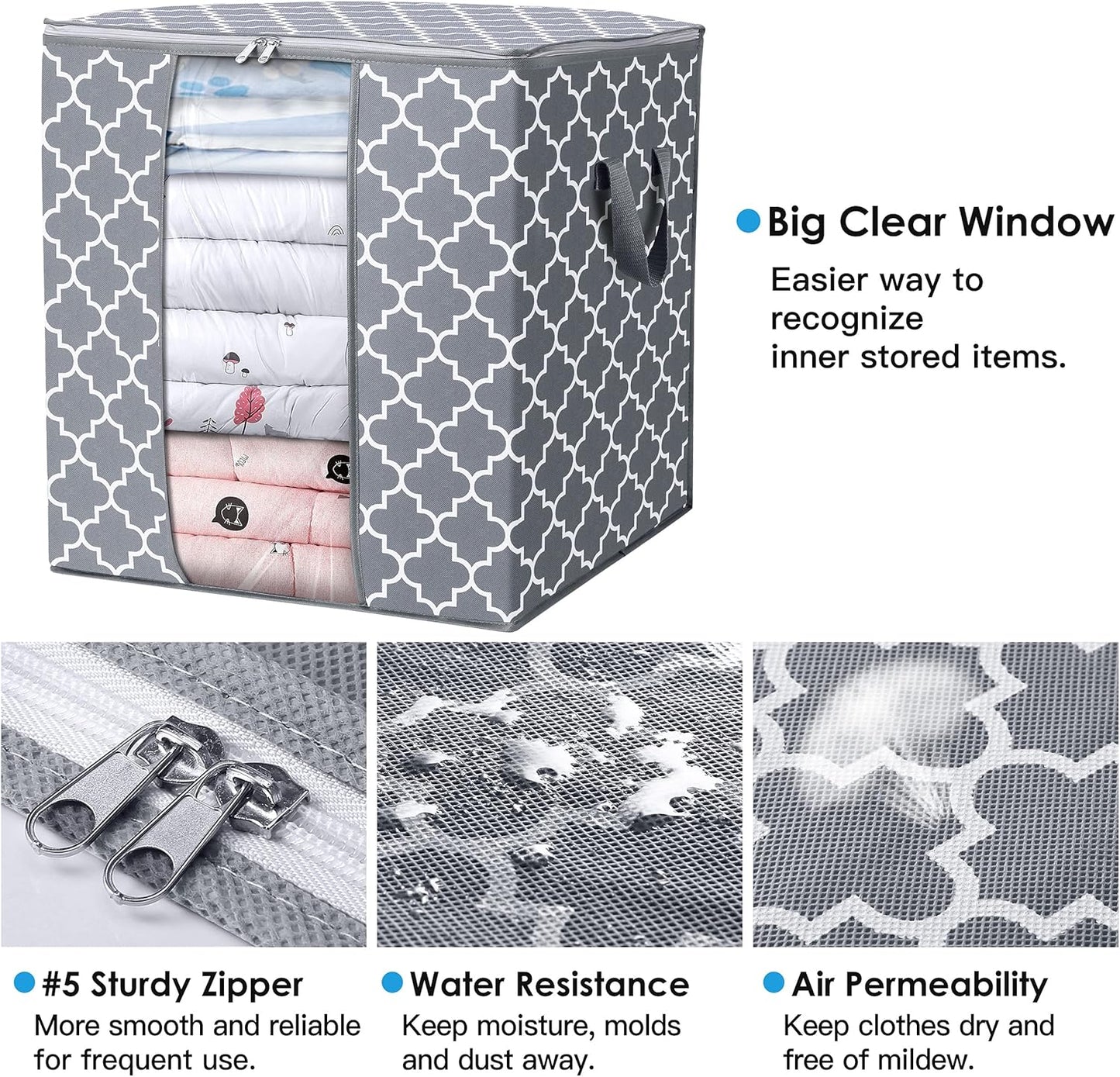 WISELIFE Storage Bags 6 Pack/100L Large Blanket Clothes Organization and Storage Containers for Comforters,Bedding, Foldable Organizer with Reinforced Handle, Clear Window, Sturdy Zippers,Light Gray